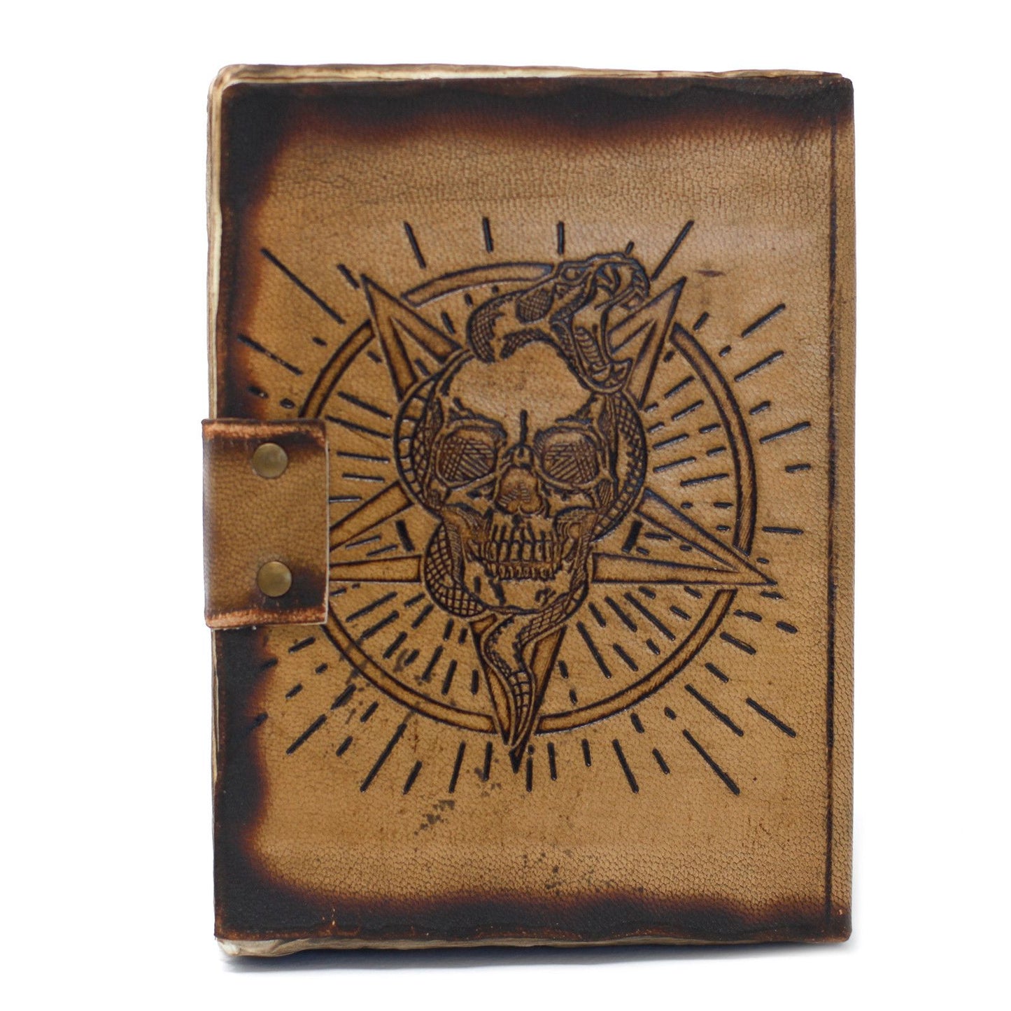 Leder Pentagon und Totenkopf mit Branddetails Notizbuch 18x13 cm