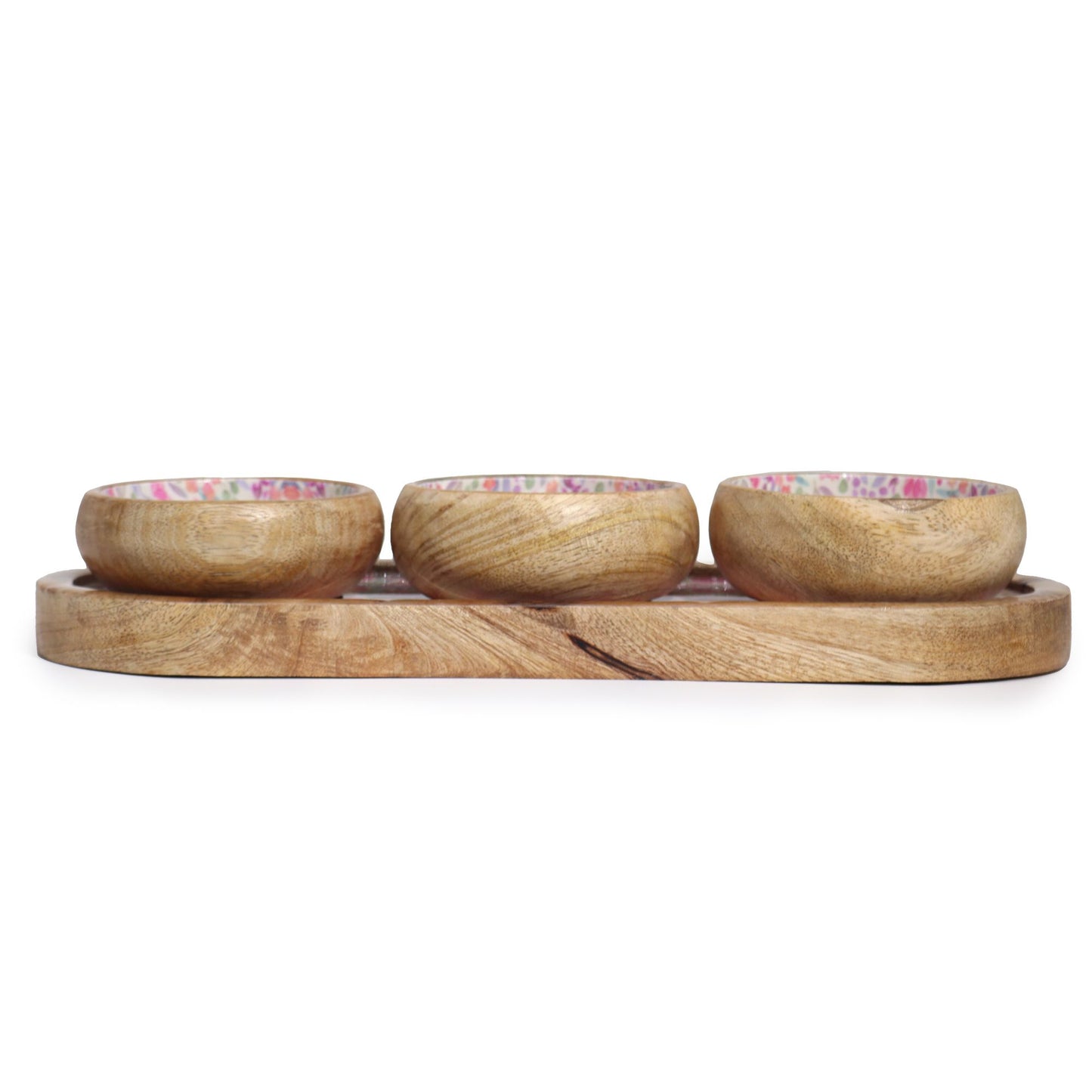 Mango Holz Tablett Mit 3 Schalen - Hübsches Blumenmuster