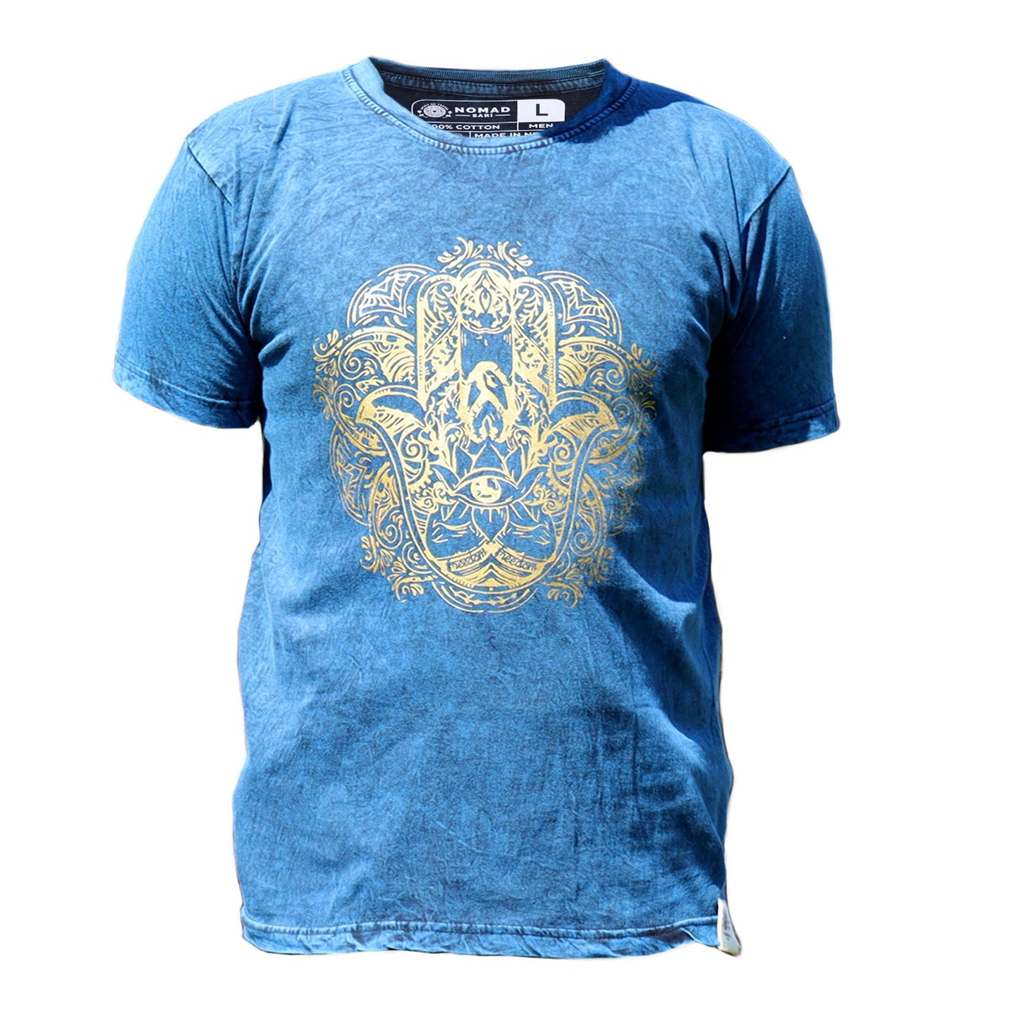 Großes Stein-Washed T-Shirt Hamsa Blau