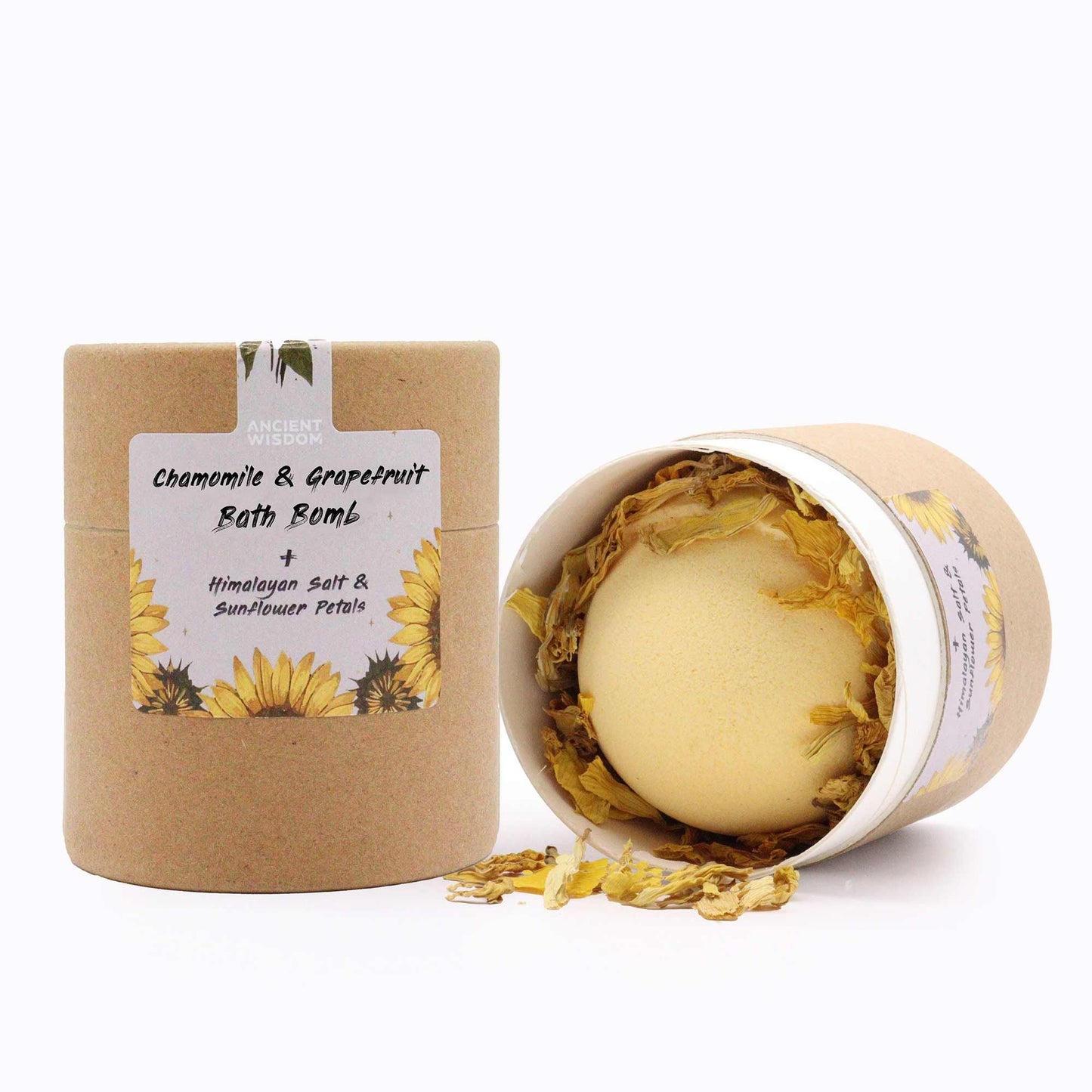 Sonnenblumenruhe Aromatherapie Set Mit Kamille Grapefruit Badebombe Himalaya Badesalz Und Sonnenblumenblättern