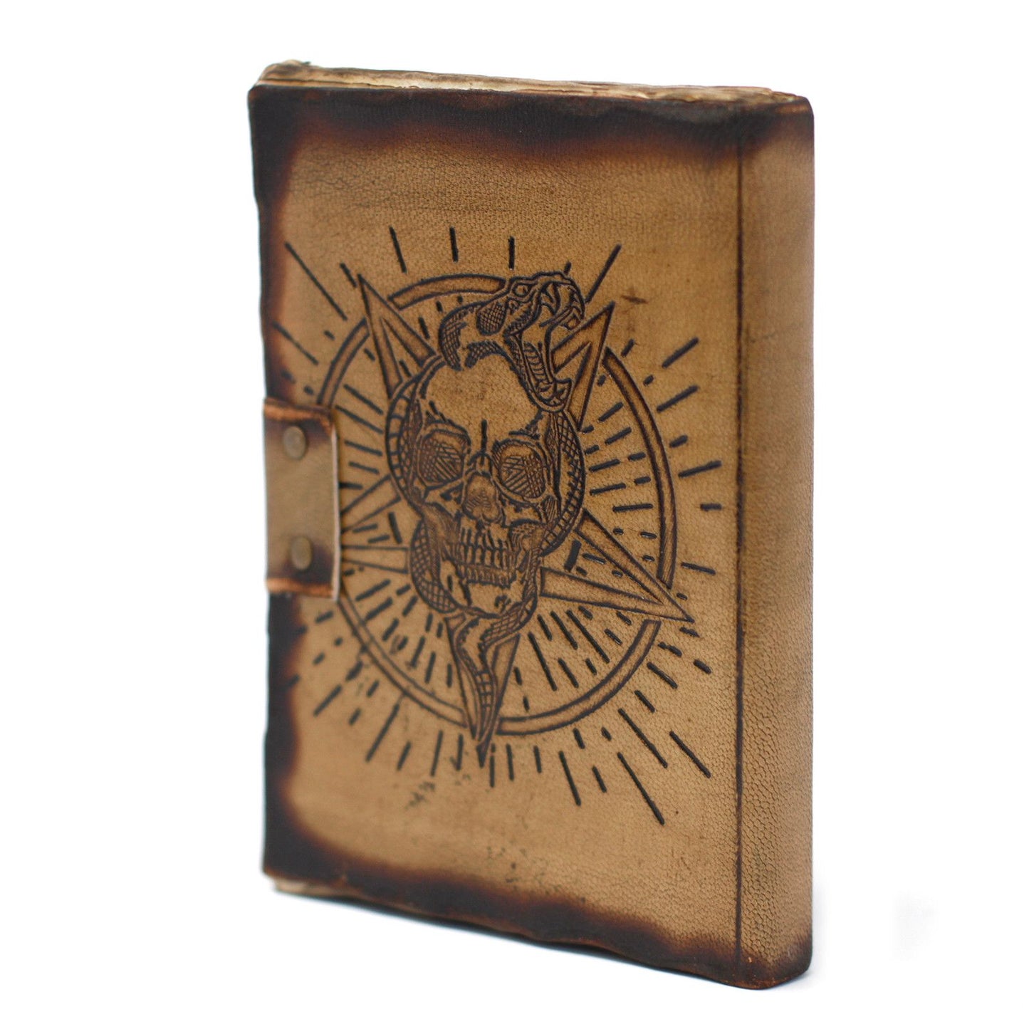 Leder Pentagon und Totenkopf mit Branddetails Notizbuch 18x13 cm