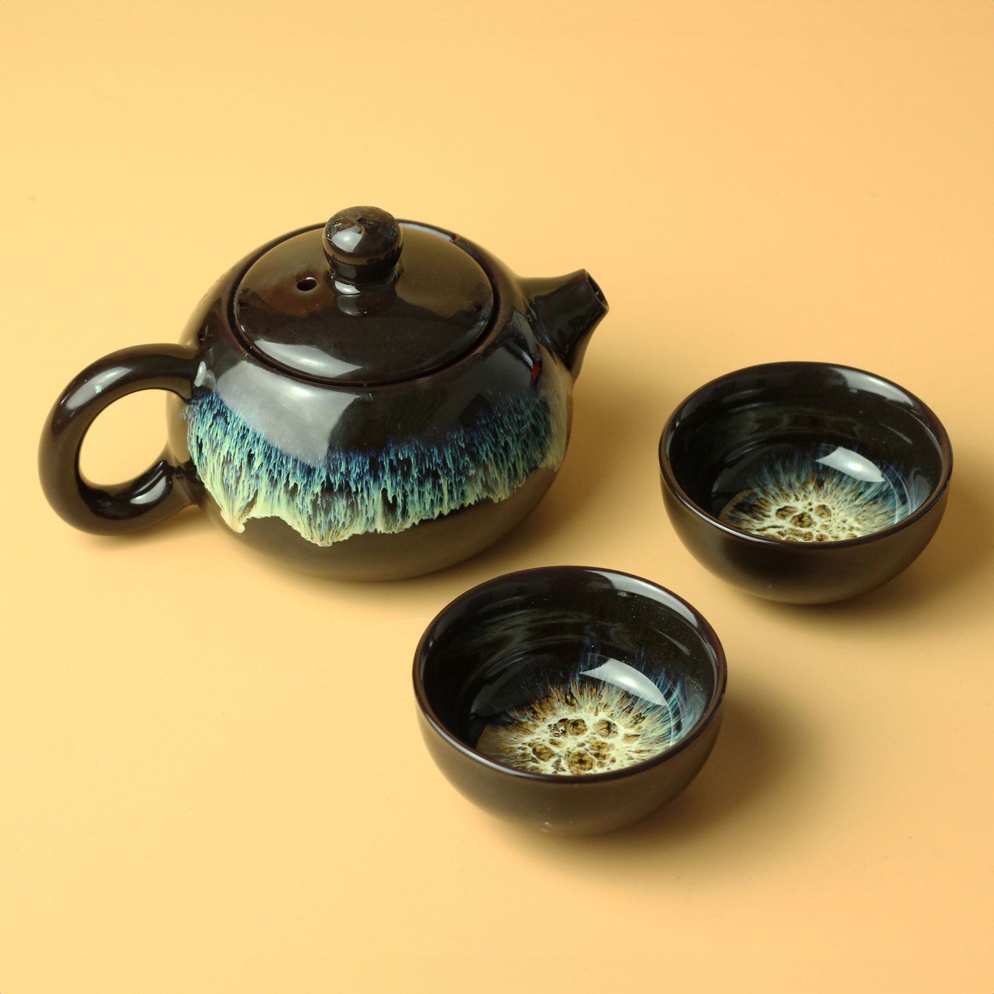 Kräuter Schwarzes Glanz Teekannen Set - Kanne Und Zwei Tassen