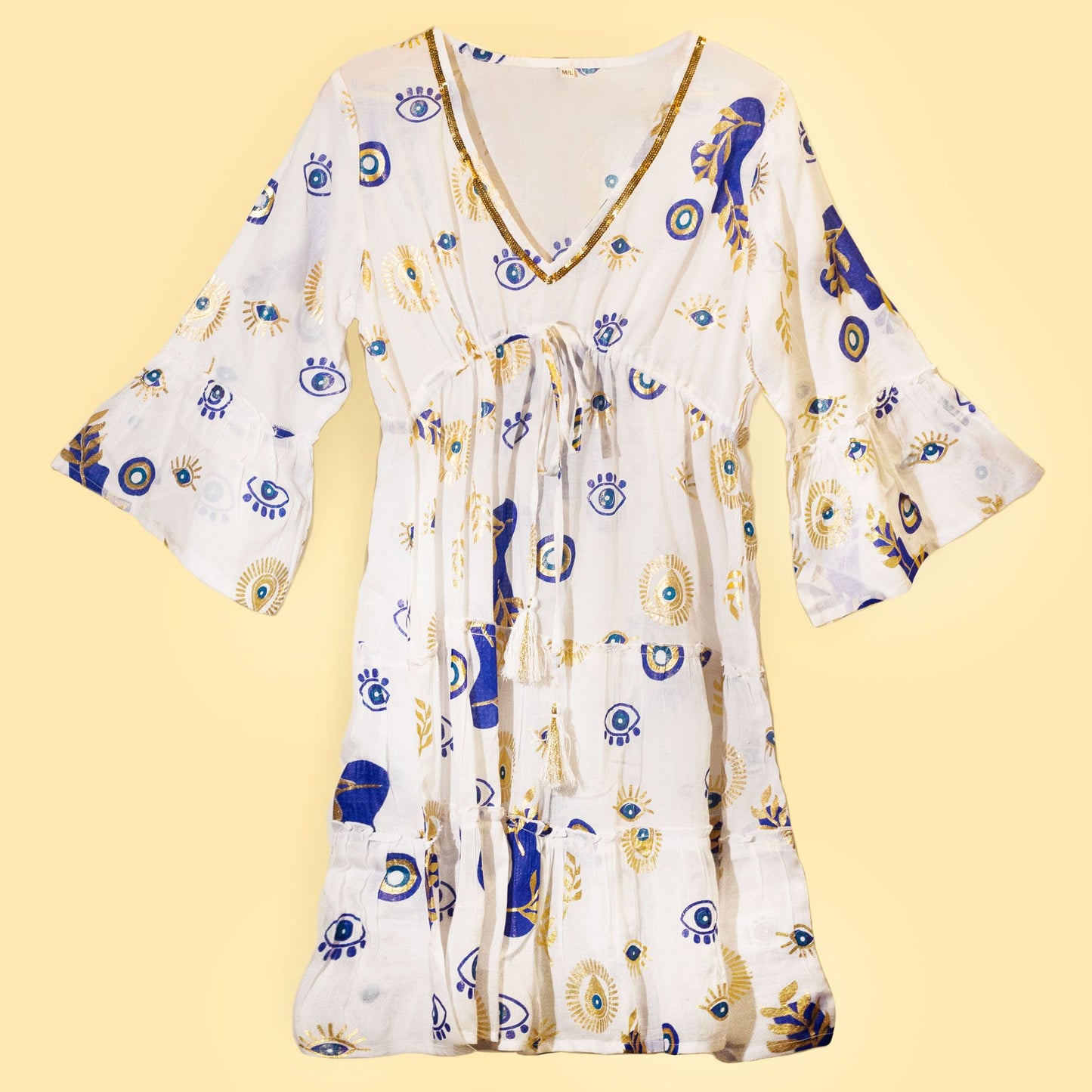 ML Nomad Sari Med Kollektion Kleid Weiß Blau Gold Böser Blick Design