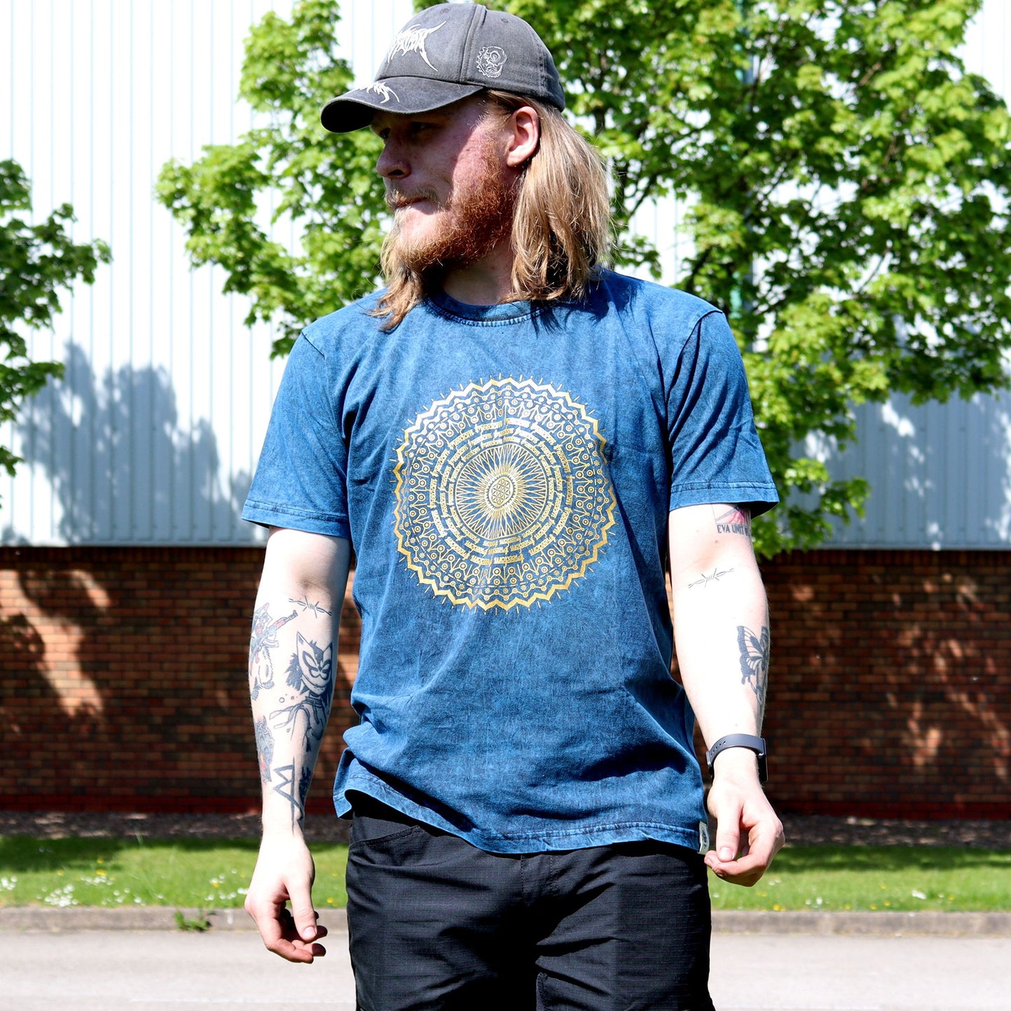 Großes Steinwasch Mandala T-Shirt Blau