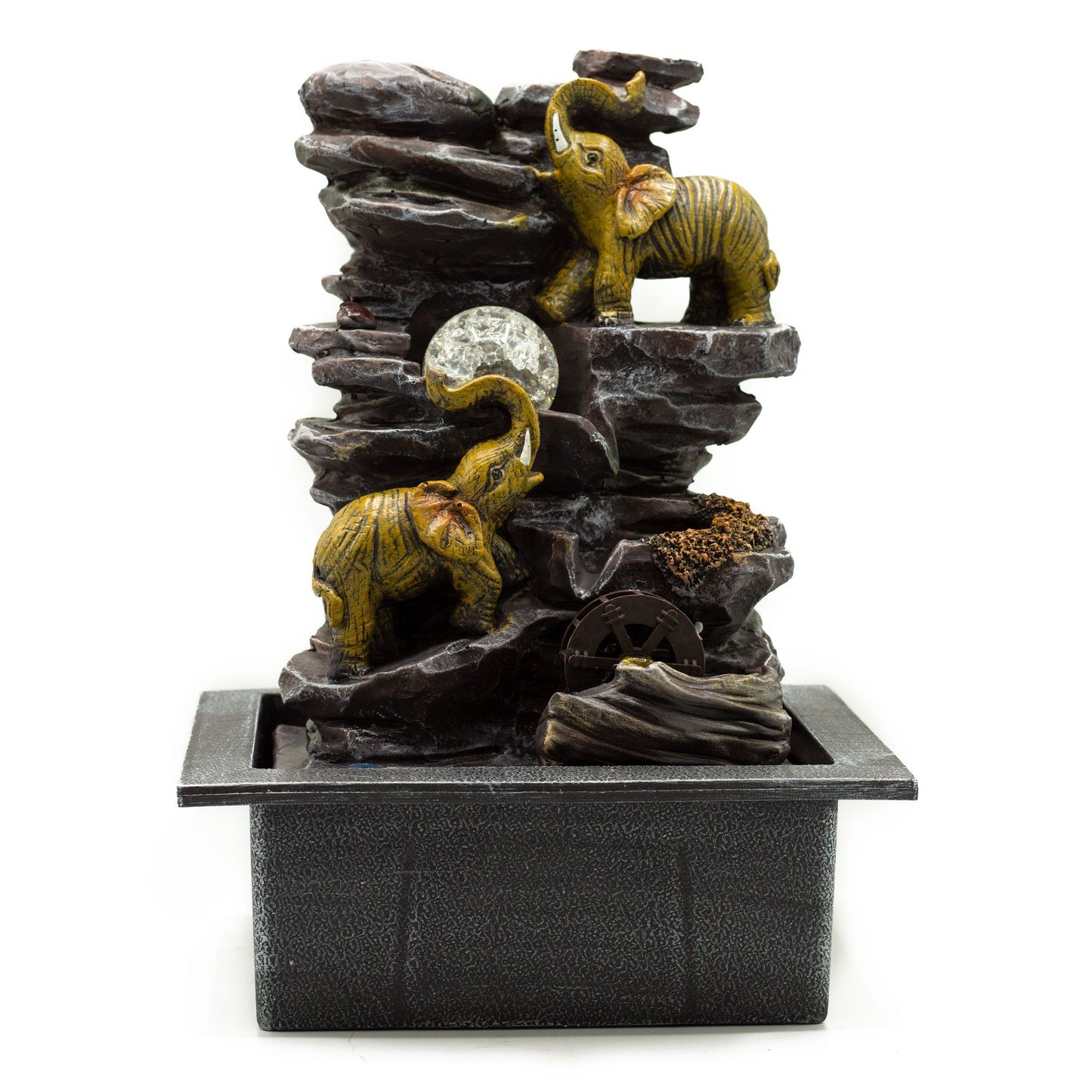 Tischwasserfall - 35cm - Elefanten, Kristallkugel und Wasserrad