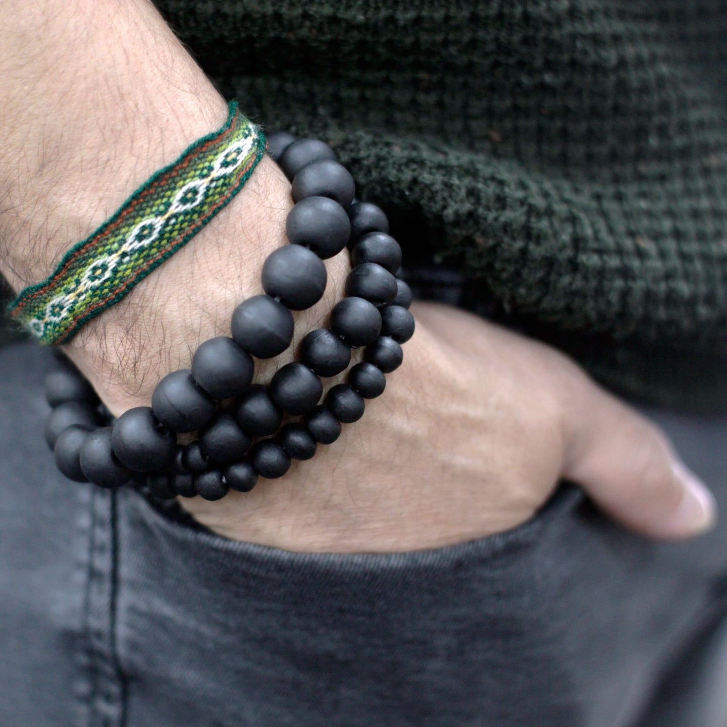 Schwarzes Holzperlen Set Vintage Elastische Armbänder für Damen und Herren