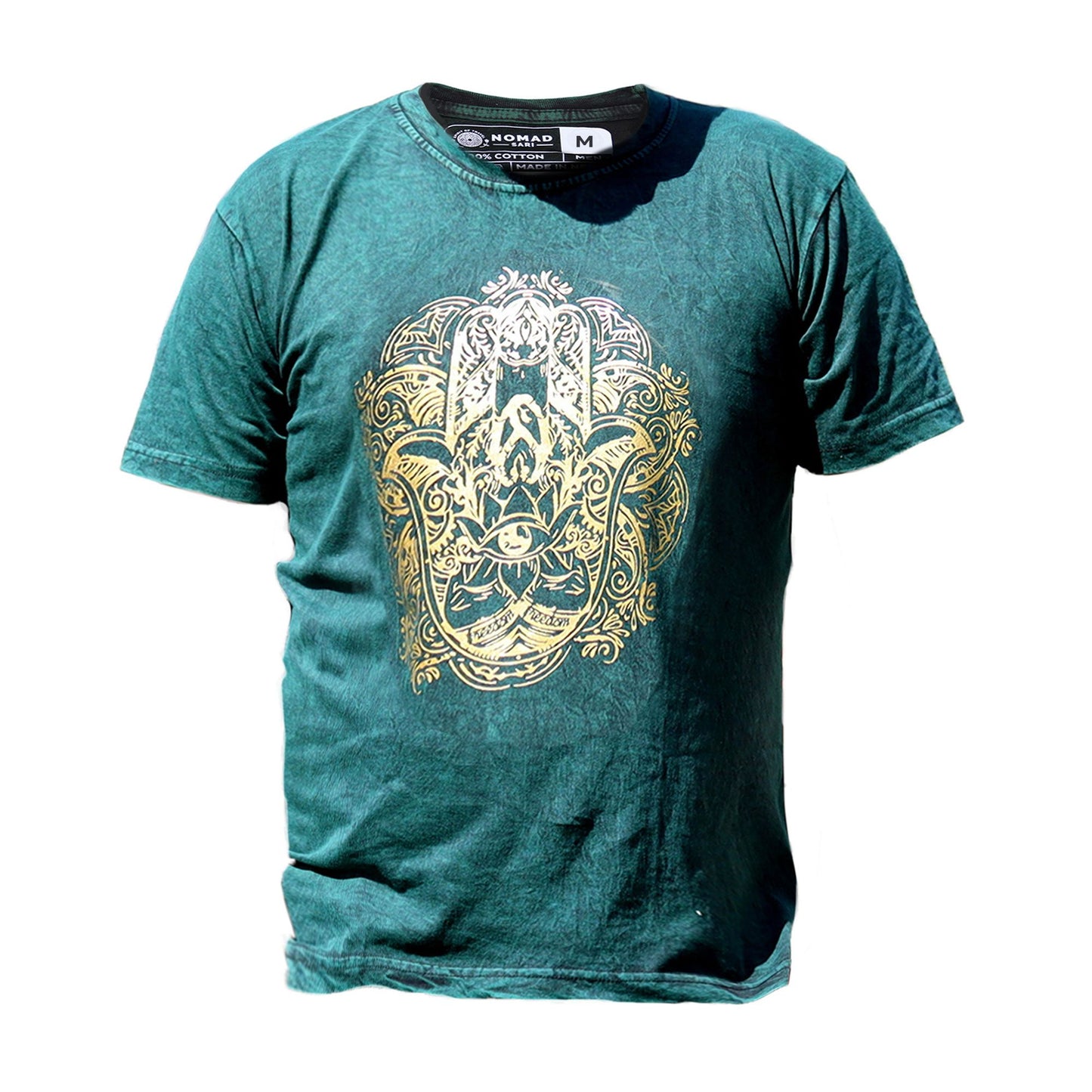 Mittleres Stein-Washed T-Shirt Hamsa Grün