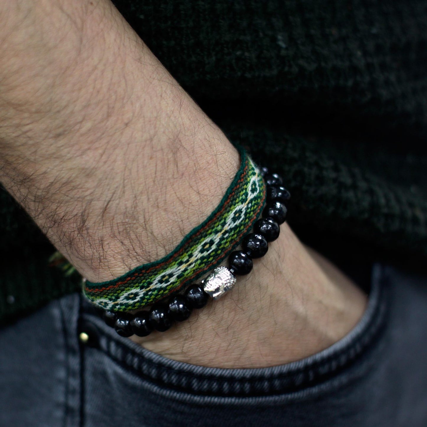 Dunkelholzperlen Und Buddha Armband Vintage Stil Elastisch Handgemacht In Indonesien