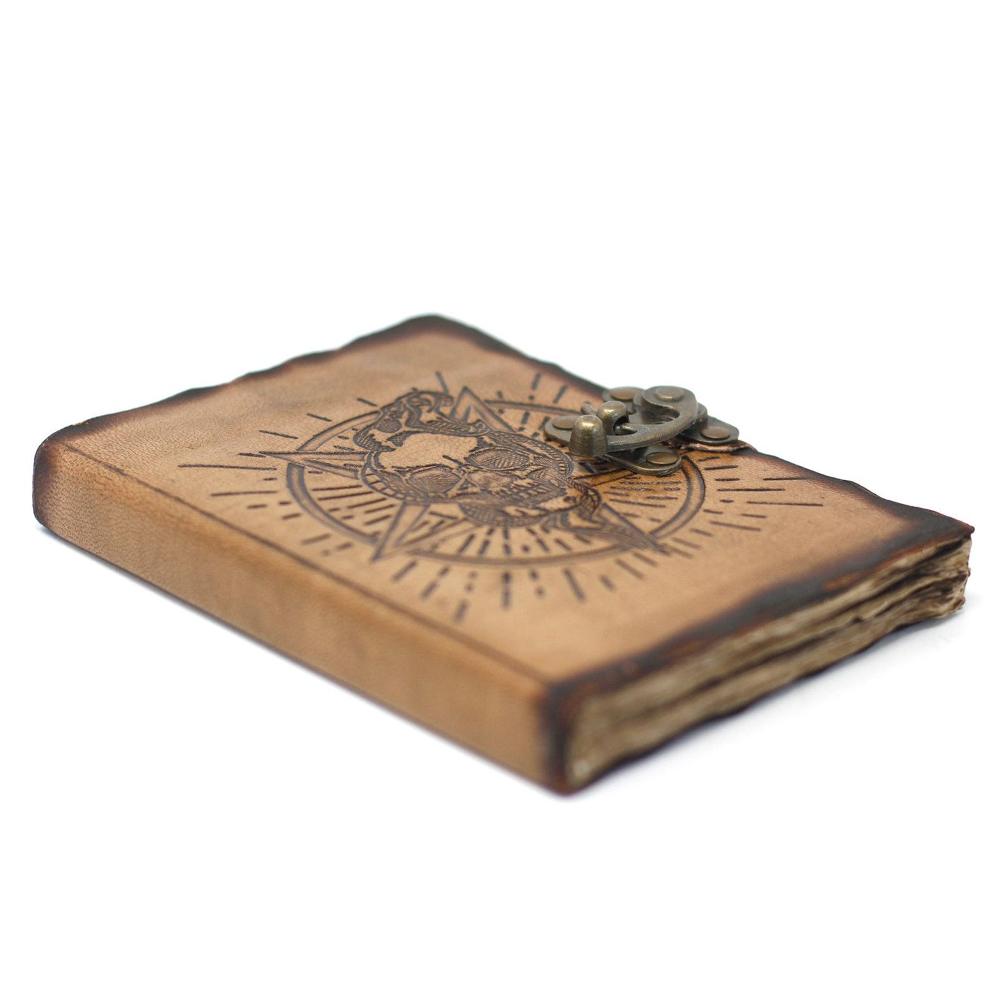 Leder Pentagon und Totenkopf mit Branddetails Notizbuch 18x13 cm
