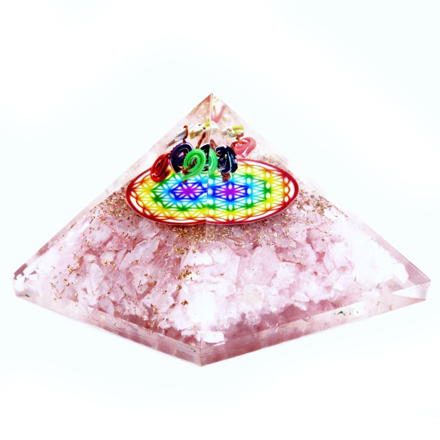 Orgonit Pyramide Rosenquarz Regenbogen Lebensblume 70 mm