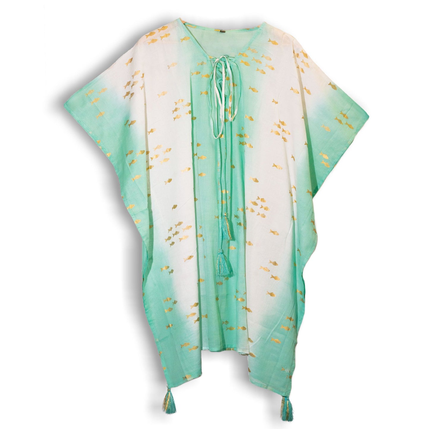 Nomad Sari Med Kollektion Kaftan Weiß Türkis Gold Fisch Design