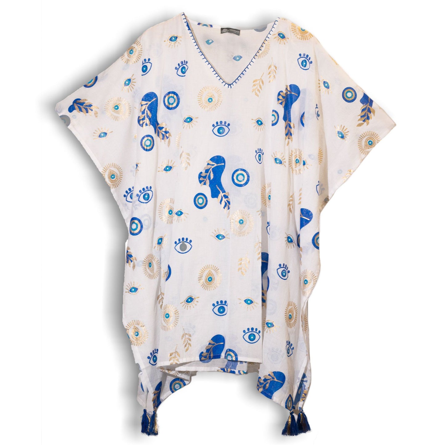 Nomad Sari Med Kollektion Kaftan Weiß Blau Gold Böse Augen Design
