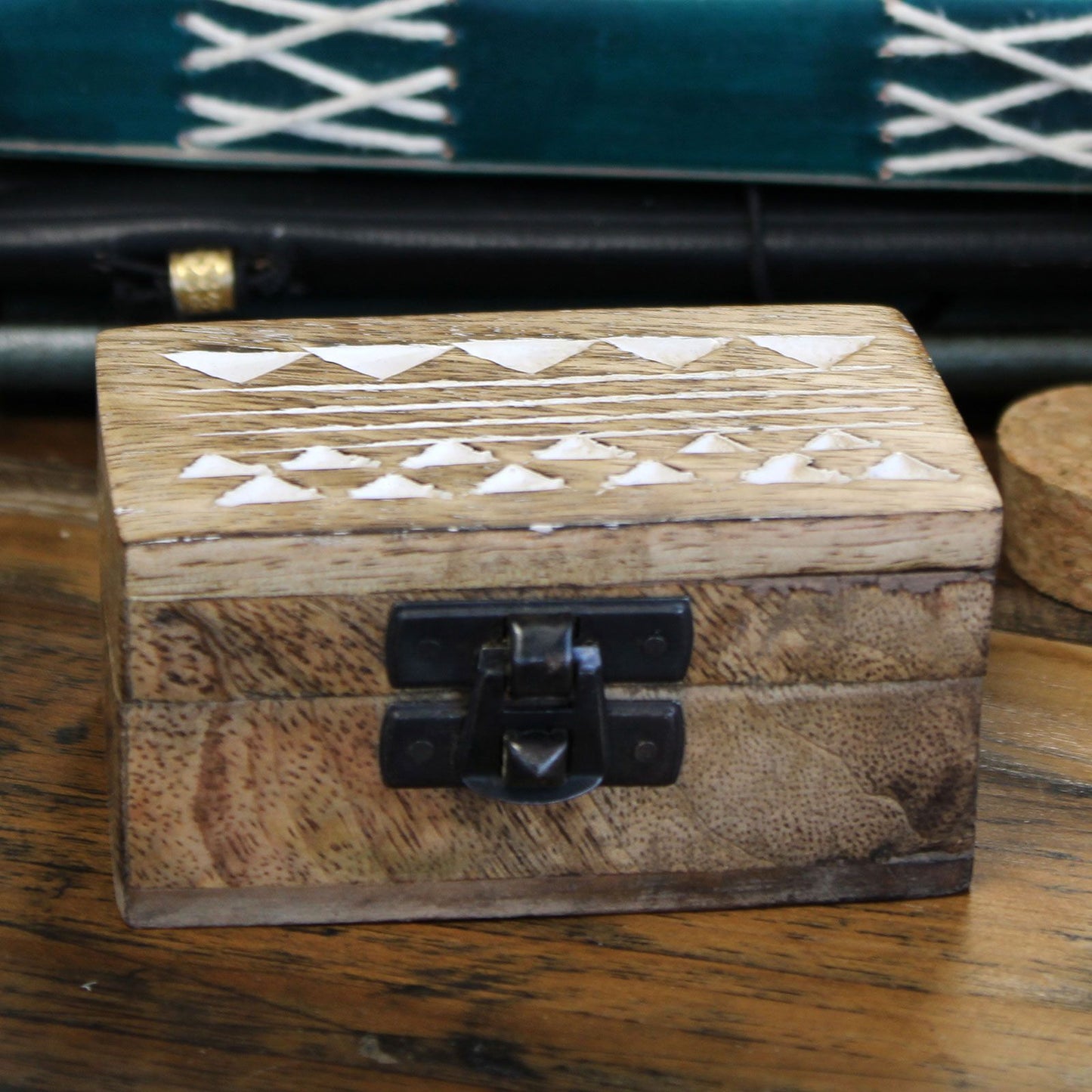 Weiß Gewaschene Holzkiste - 3x1.5 Pillenbox Azteken Design