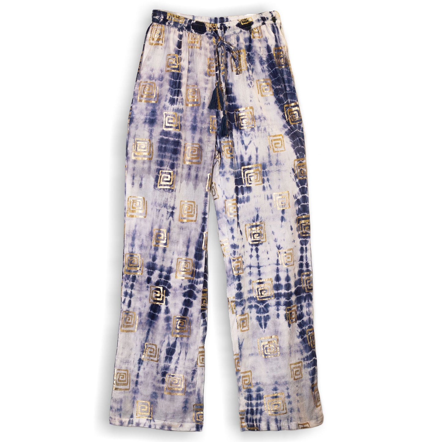 ML Nomad Sari Med Kollektion Loungehosen Gold und Blau Griechisches Motiv Handbemalt