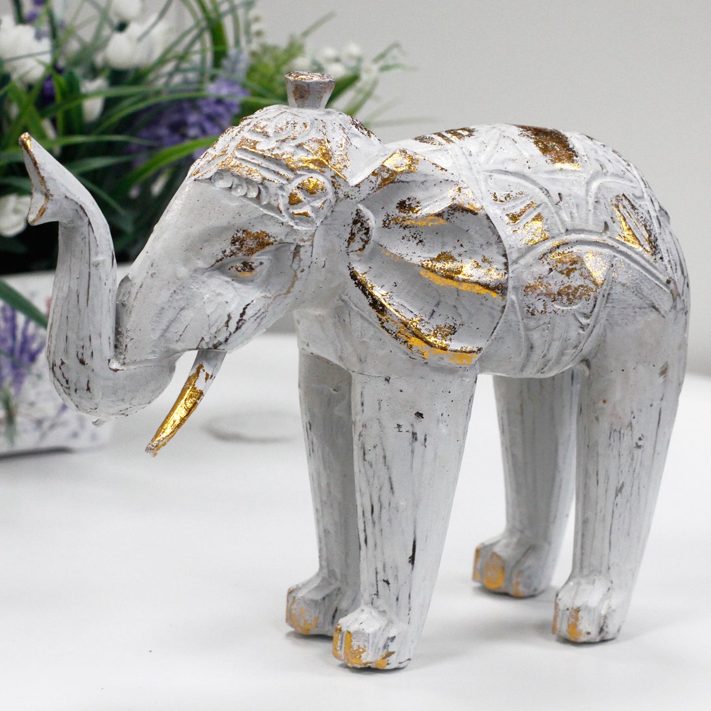 Holz geschnitzter Elefant - Weiß Gold