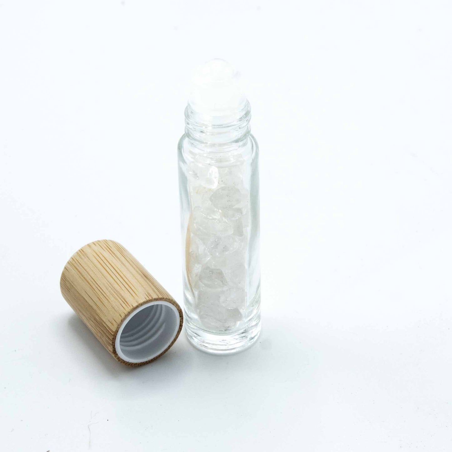 Edelstein Ätherisches Öl Rollerflasche - Bergkristall - Holzdeckel + Edelstein Rolleraufsatz für 5ml Flasche - Bergkristall