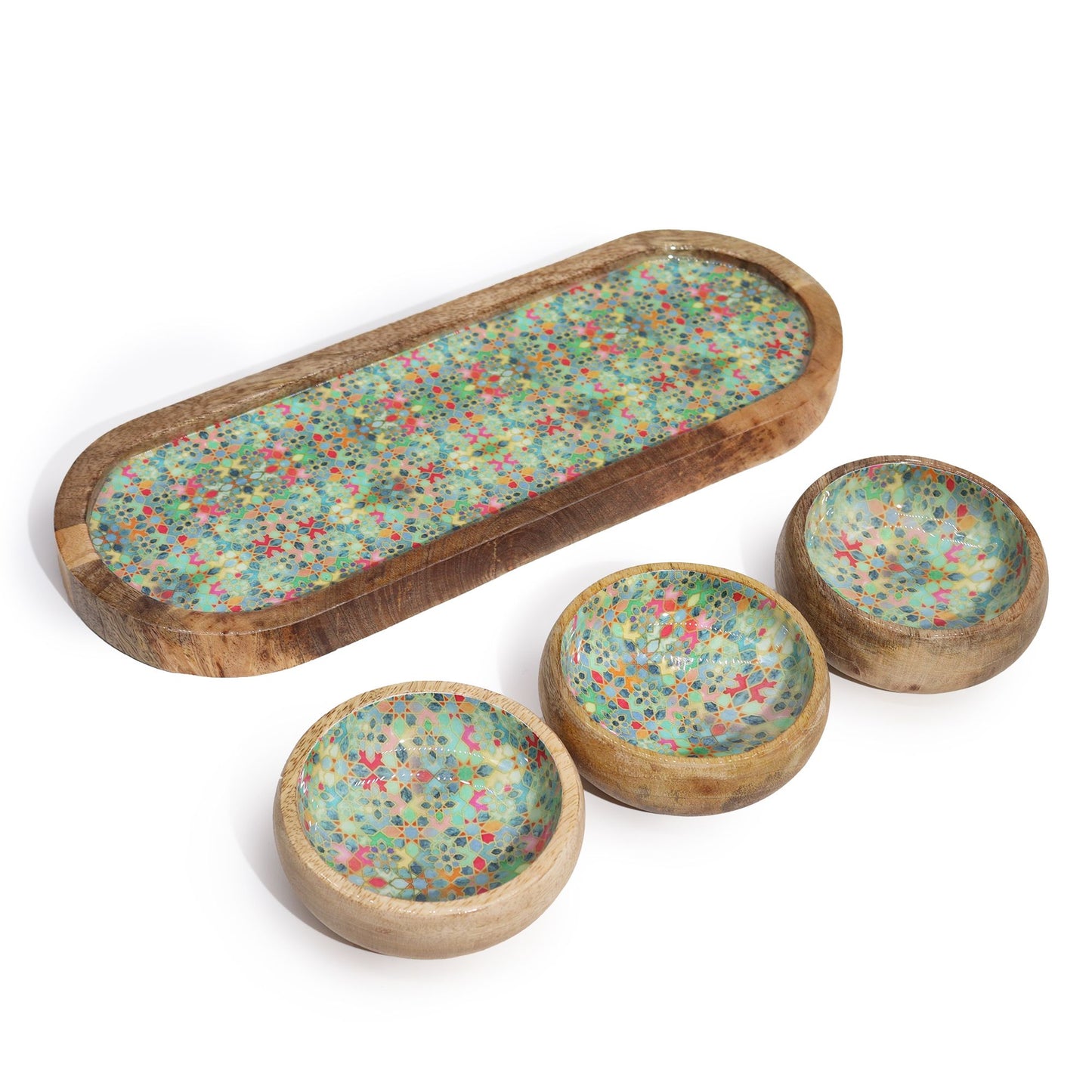 Mango Holz Tablett Mit 3 Schalen - Mediterranes Fliesenmuster