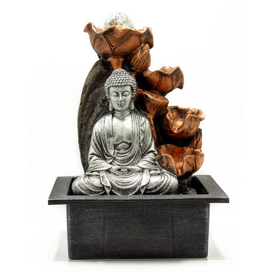 Tischbrunnen Wasserfall 35cm Silber Buddha Kaskade Und Kristallkugel