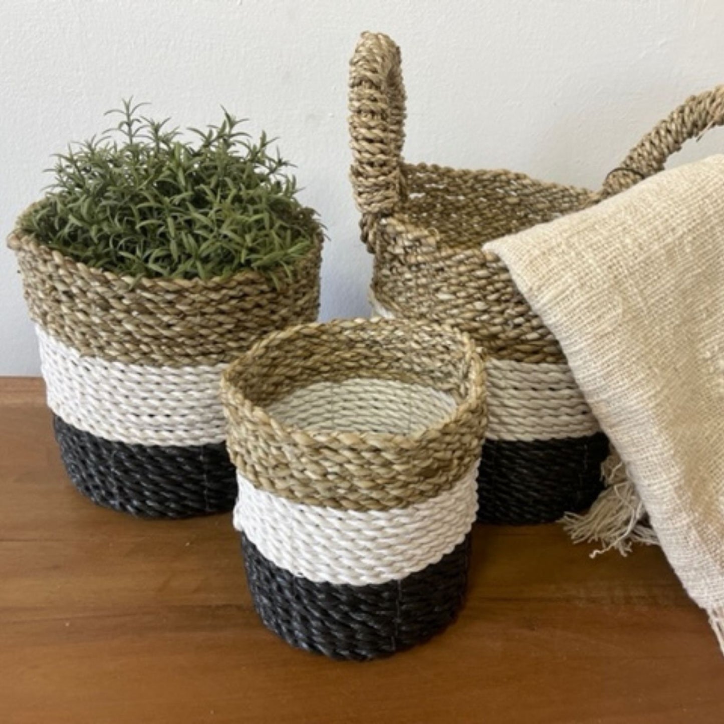 Seagrass Korb Set Dunkelgrau Weiß Natur