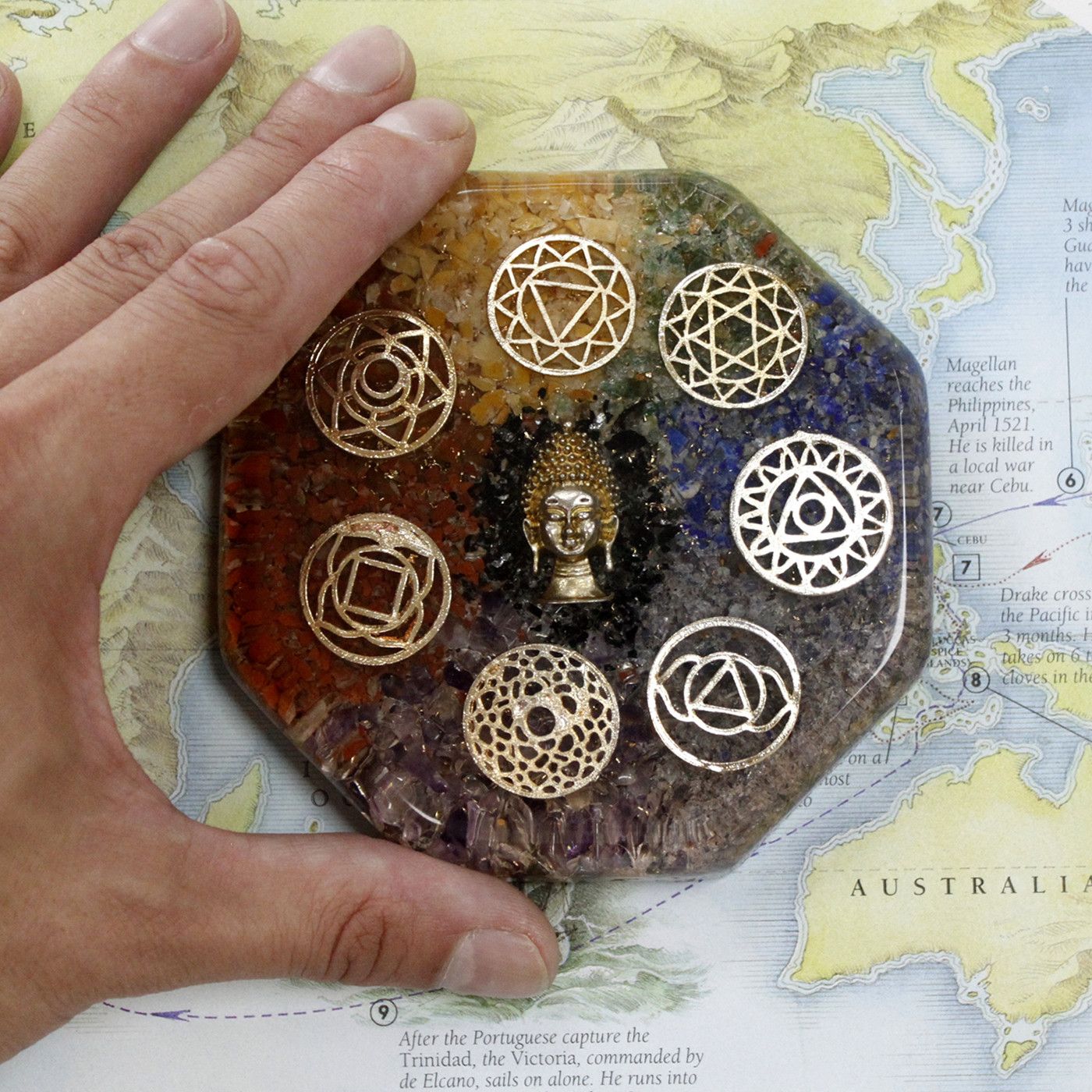 Orgonite Schreibtisch Kraftpakete Hamsa mit Sellonit Mittel