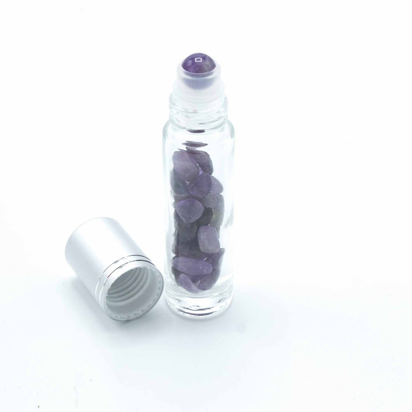 Edelstein Ätherische Öl Rollerflasche - Amethyst - Silberner Deckel + Edelstein Roller Spitze für 5ml Flasche - Amethyst