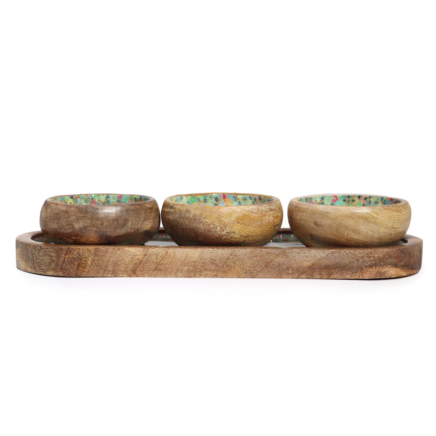 Mango Holz Tablett Mit 3 Schalen - Mediterranes Fliesenmuster