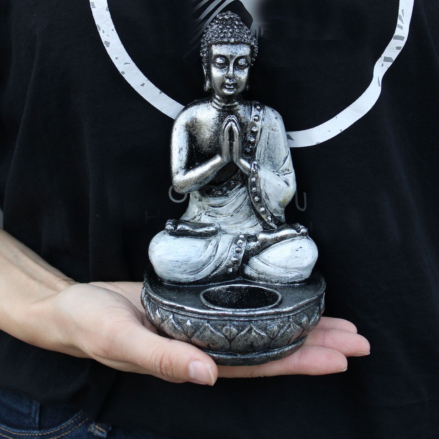 Buddha Kerzenhalter Weiß Mittelgroß Handbemalt von Bali Kunsthandwerkern