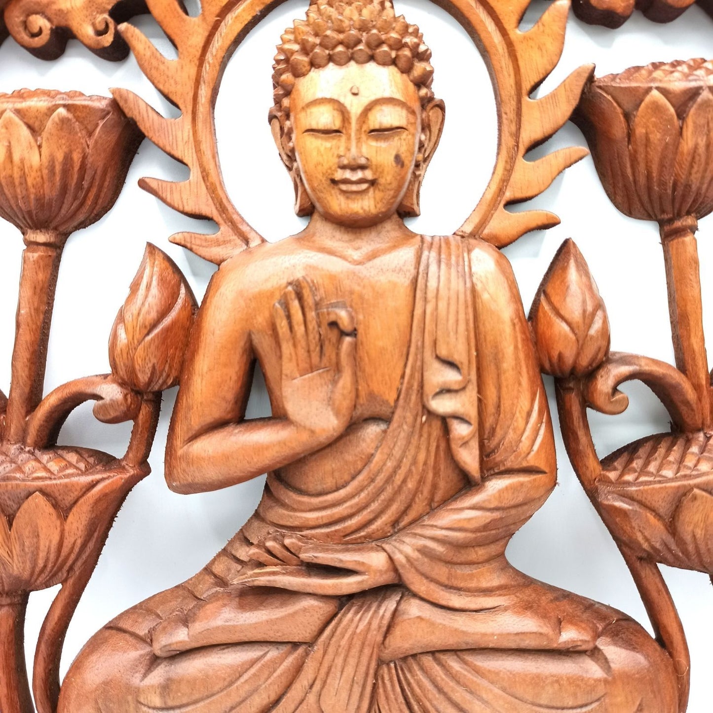Buddha Und Lotus Wandpanel 40cm Handgefertigt Aus Nachhaltigem Suarholz