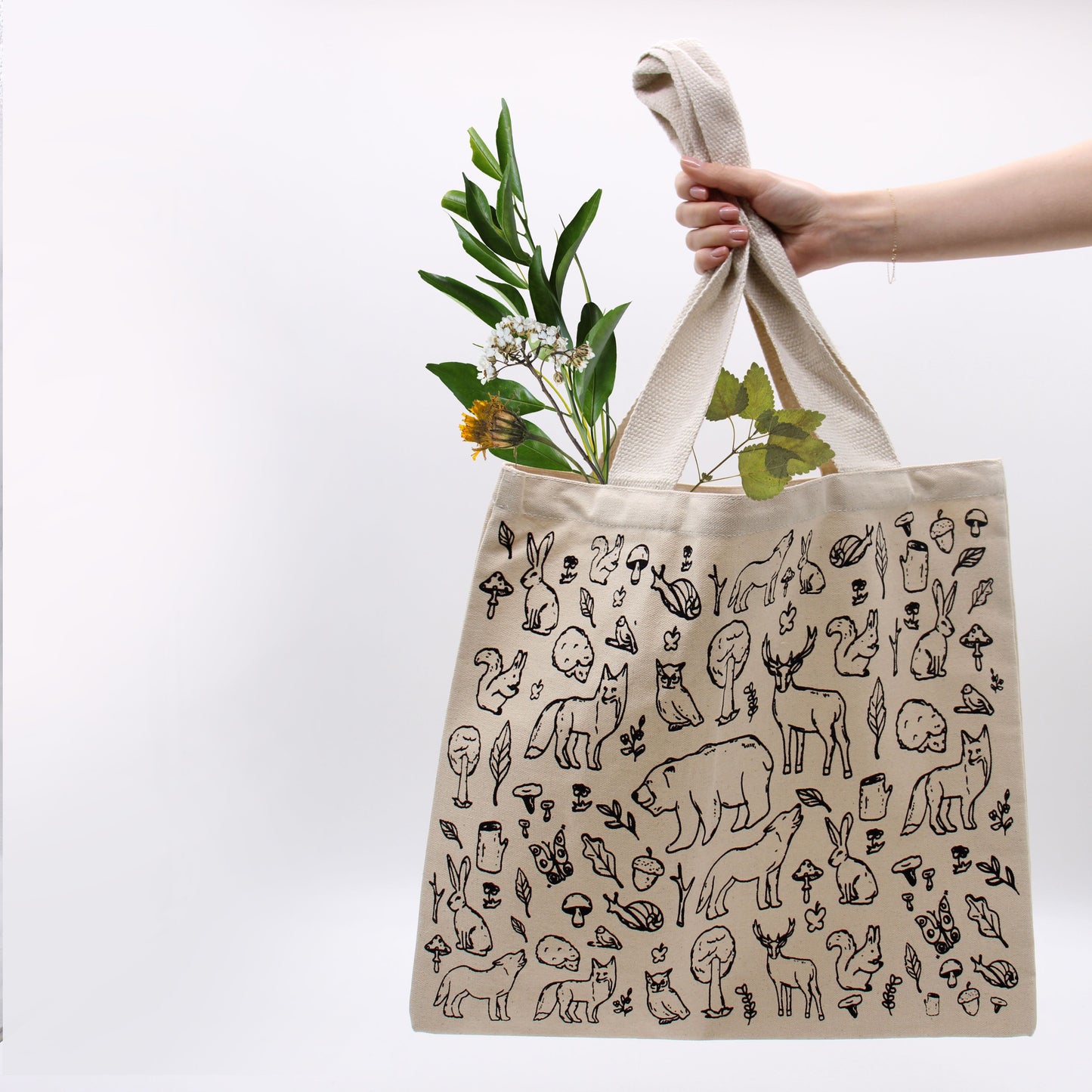 Große Baumwoll Einkaufstasche 38x42cm Waldleben 10oz