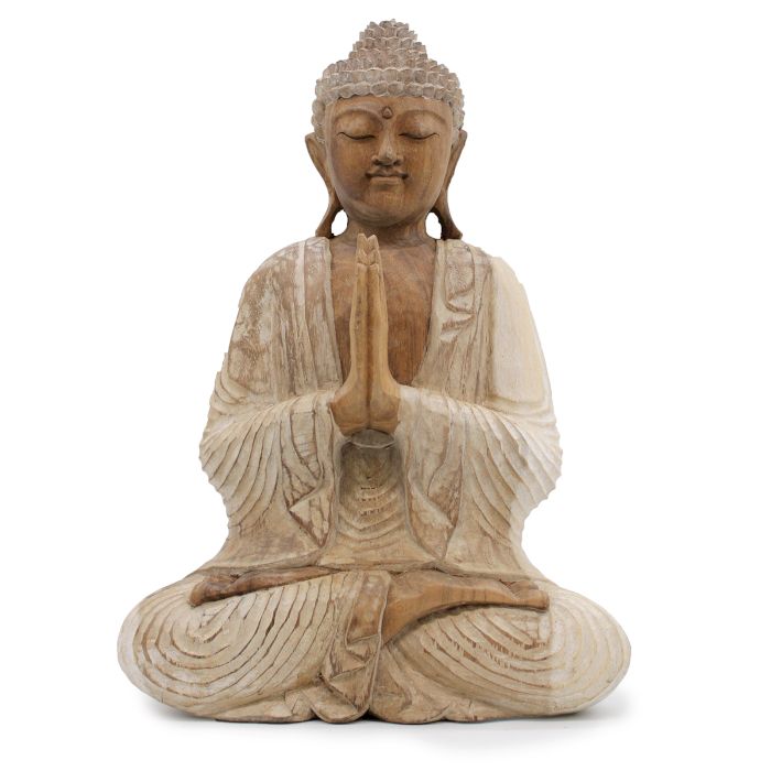 Handgeschnitzte Buddha Statue 40cm Willkommen Weißgewaschen