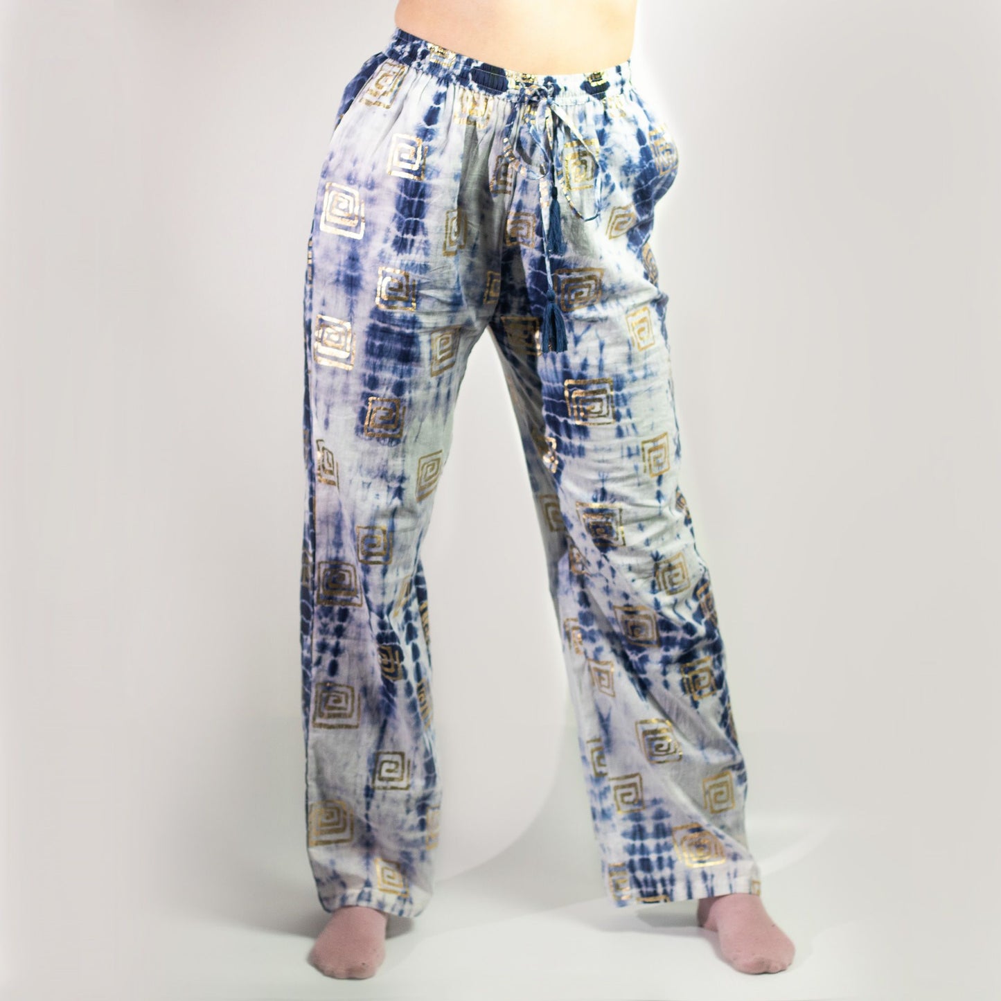 LXL Nomad Sari Med Kollektion Loungehosen Gold Und Blau Griechisches Motiv Handgemalt