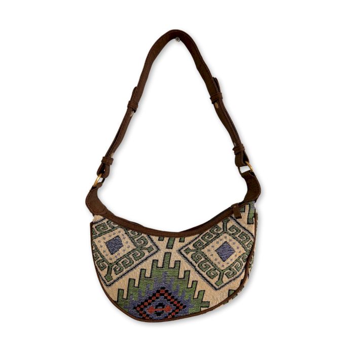 Jacquard Hobo Tasche - Geo-Grün Mit Braunem Riemen