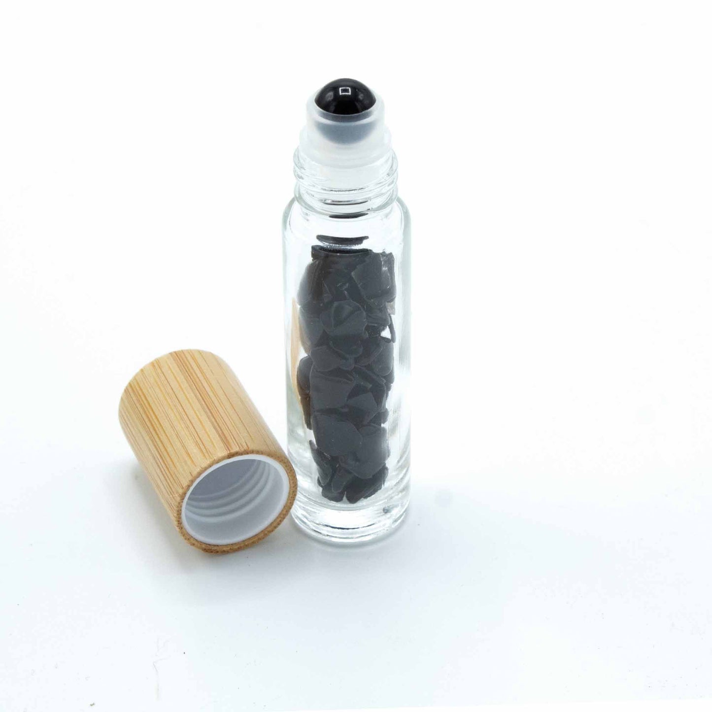 Edelstein Ätherisches Öl Rollerflasche - Schwarzer Turmalin - Holzdeckel + Edelstein Roller Spitze für 5ml Flasche - Schwarzer Turmalin