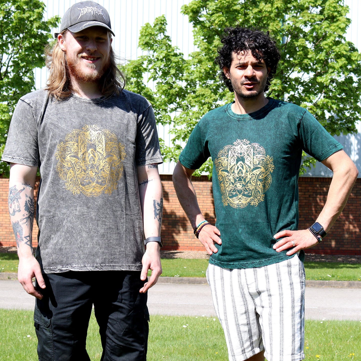 Mittleres Stein-Washed T-Shirt Hamsa Grün