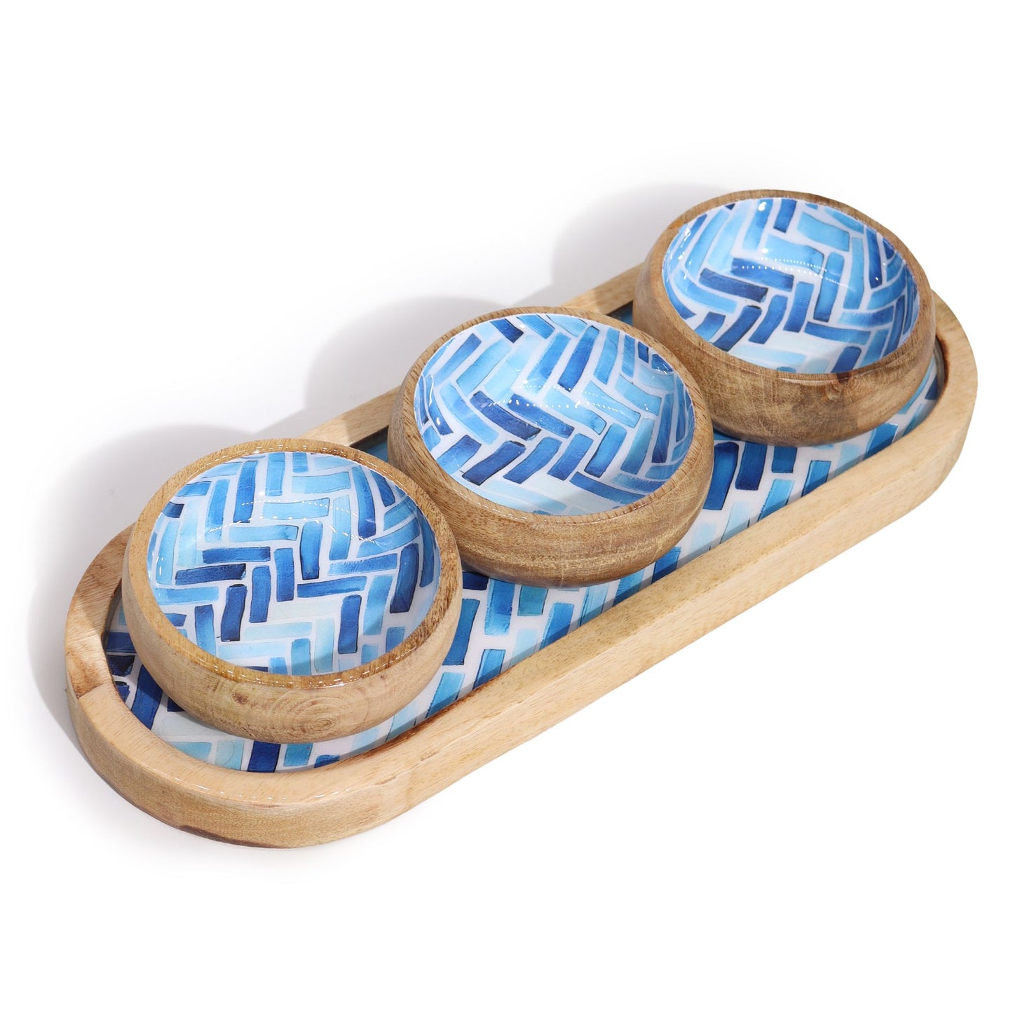 Mangoholz Tablett Mit 3 Schalen - Blaue Streifen