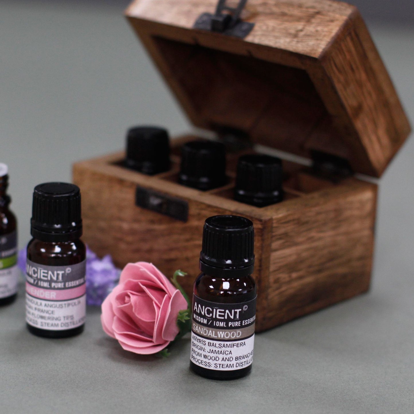 Aromatherapie Blumenschnitzkasten für 24 Fläschchen aus Mango Holz