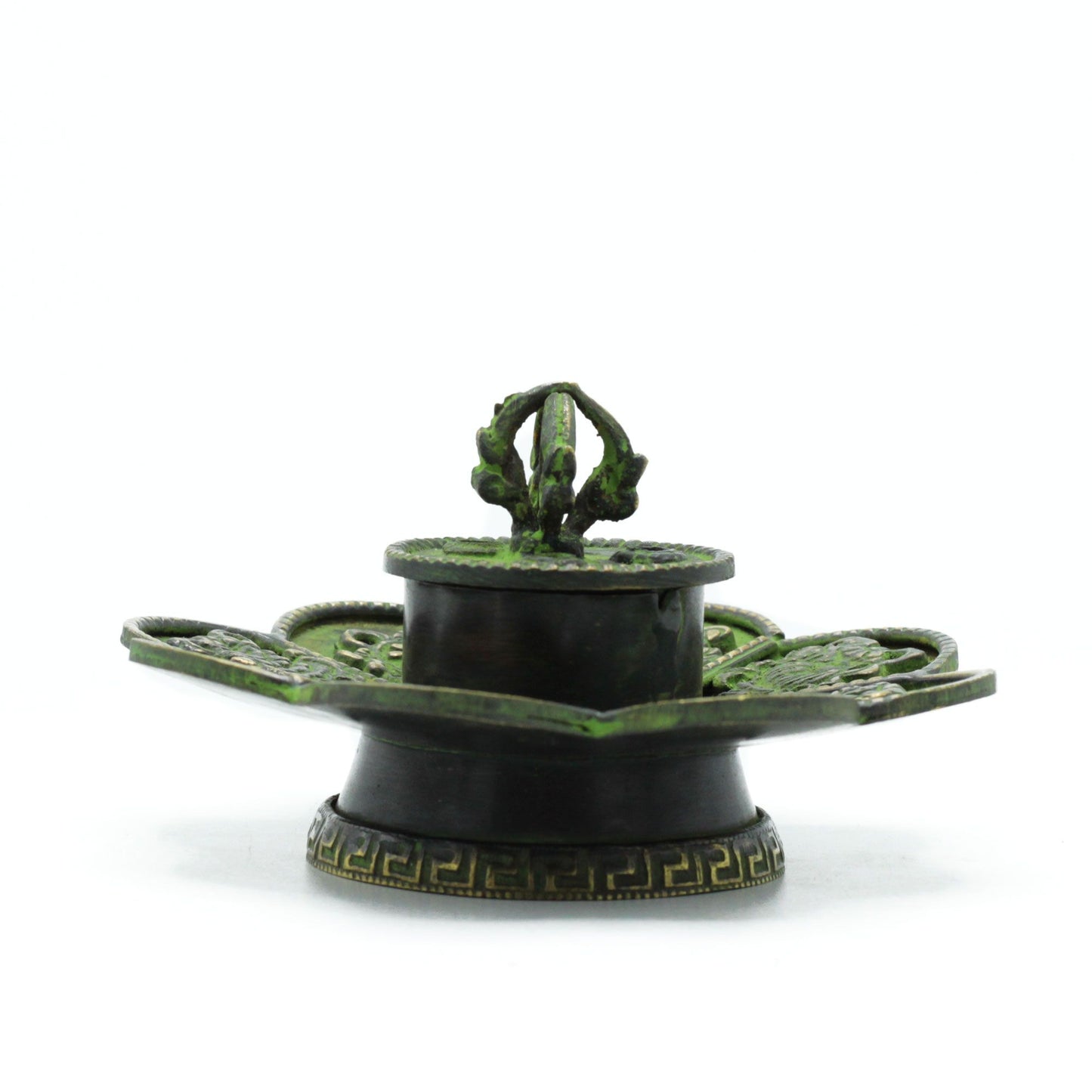Messing Verdigris Tibetanischer Kegel Und Räucherstäbchenhalter Acht Symbole