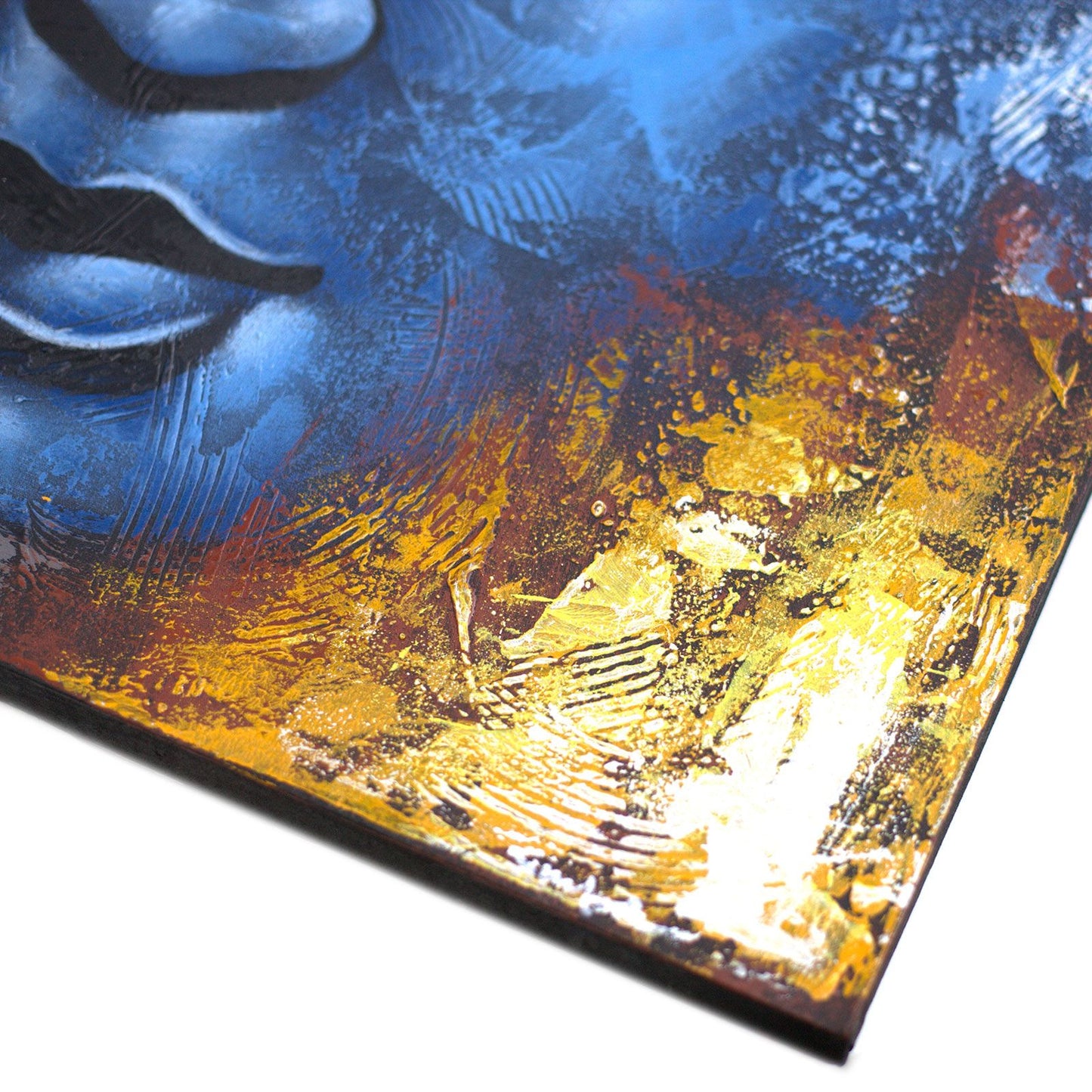 Buddha Gemälde Blaues Gesicht Abstrakt Handgemacht Mit Naturholzrahmen