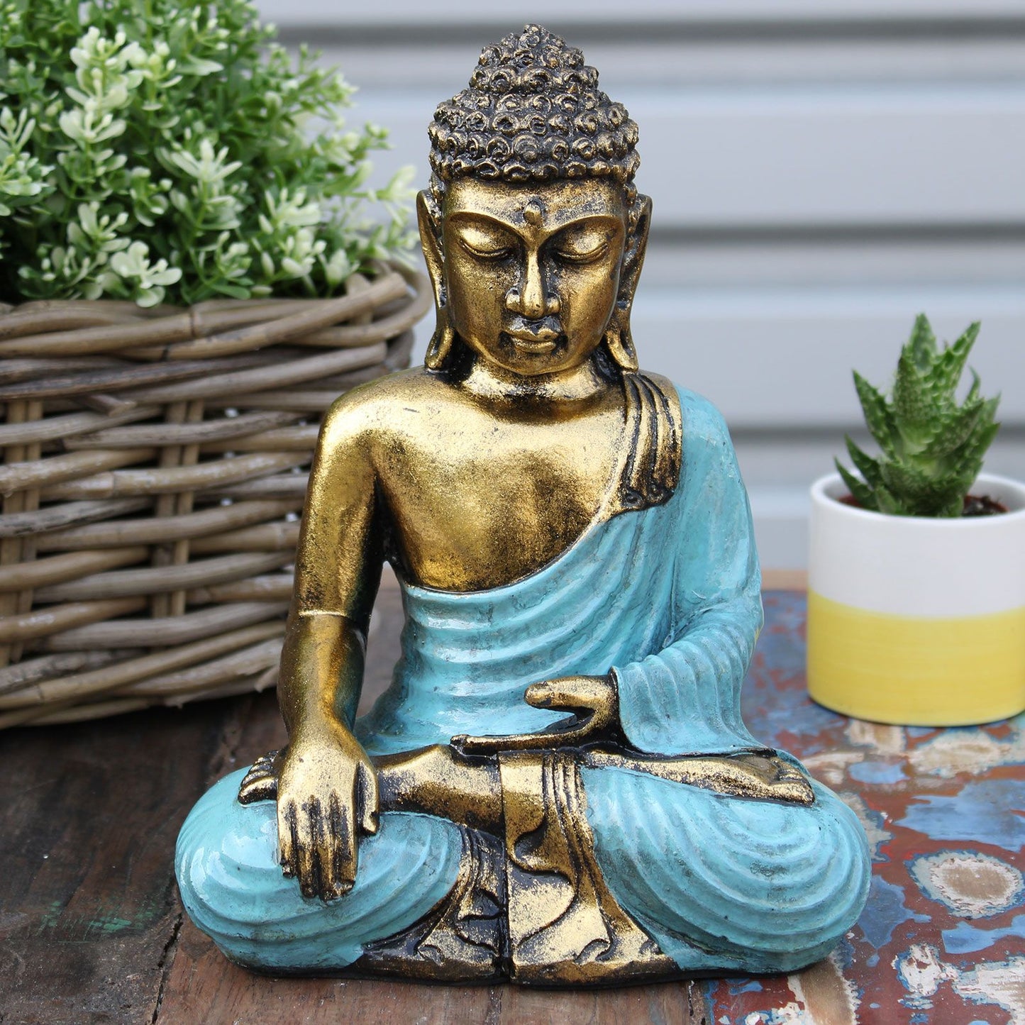 Großer Teal Und Gold Buddha Handbemalt Von Bali Kunsthandwerkern