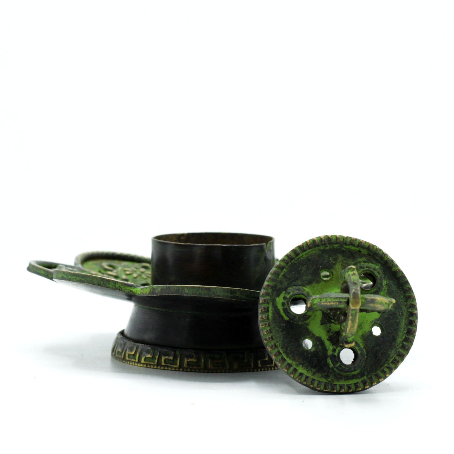 Messing Verdigris Tibetanischer Kegel Und Räucherstäbchenhalter Acht Symbole