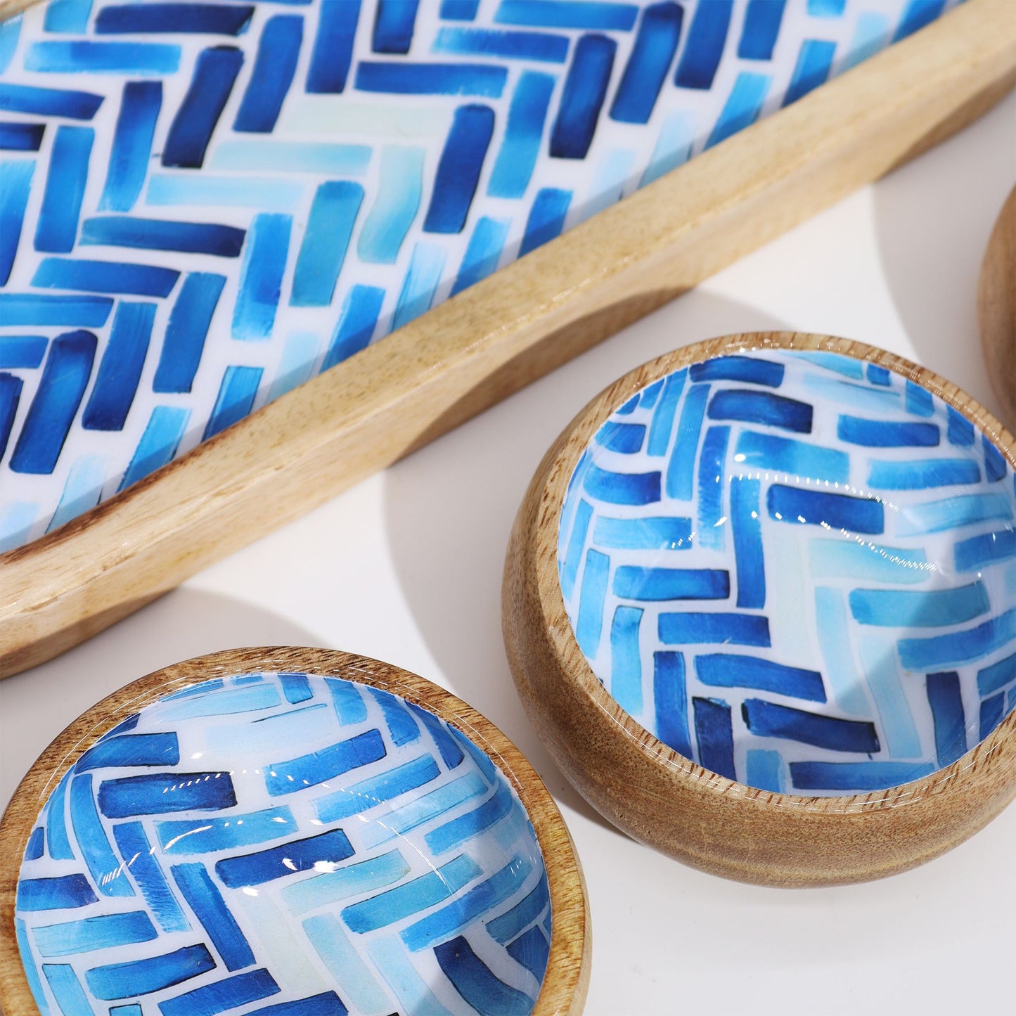 Mangoholz Tablett Mit 3 Schalen - Blaue Streifen