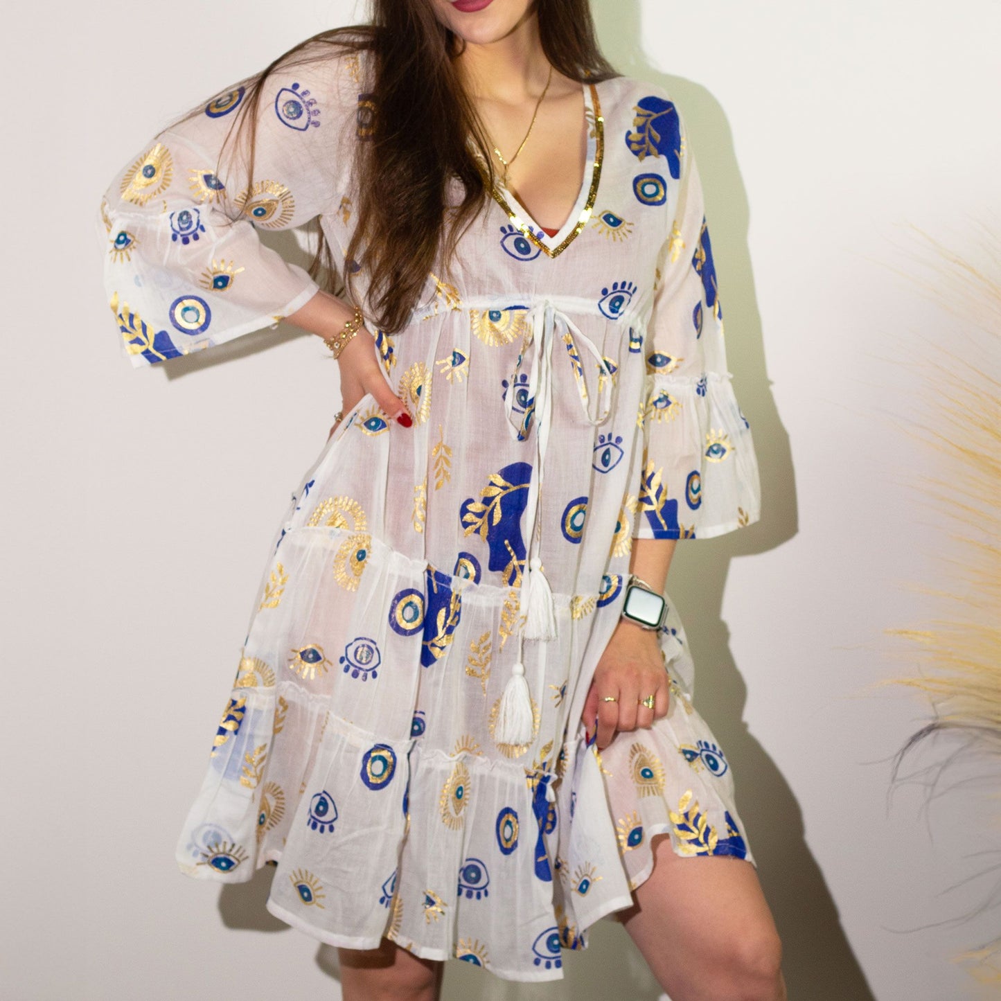 ML Nomad Sari Med Kollektion Kleid Weiß Blau Gold Böser Blick Design