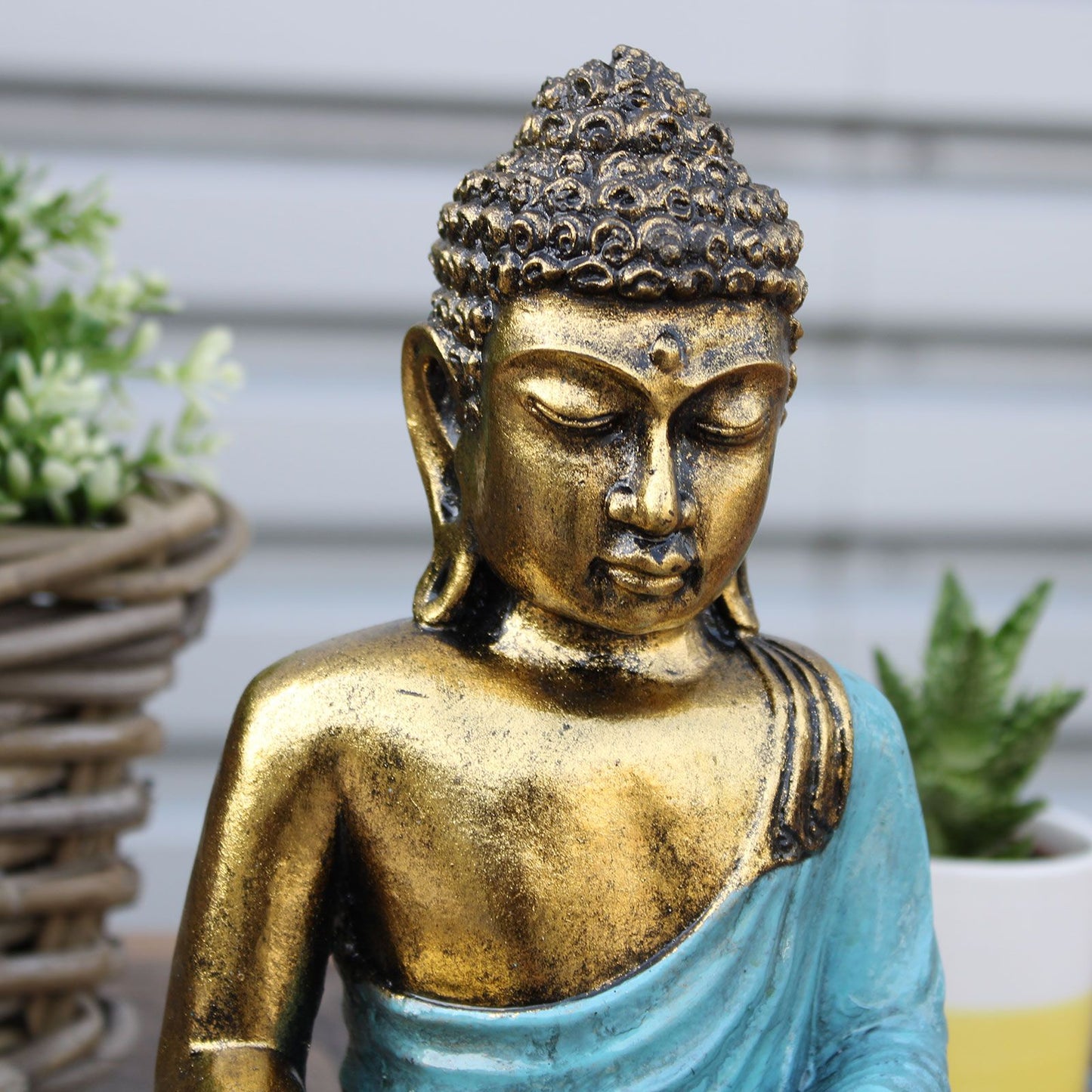 Großer Teal Und Gold Buddha Handbemalt Von Bali Kunsthandwerkern