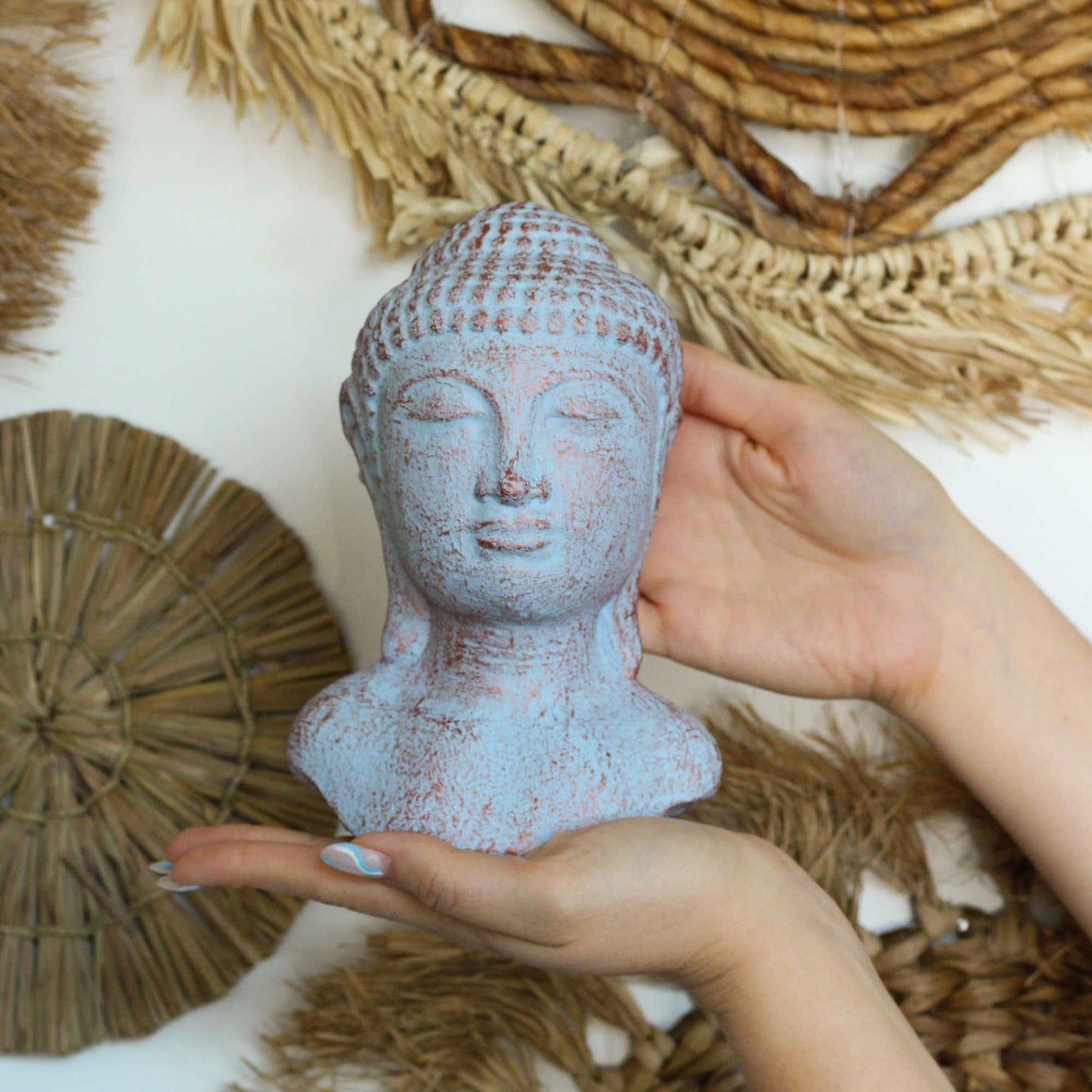 Ruhe Buddha Kopf Statue Blau Kupfer Handgefertigt Indonesien Robustes Beton Material