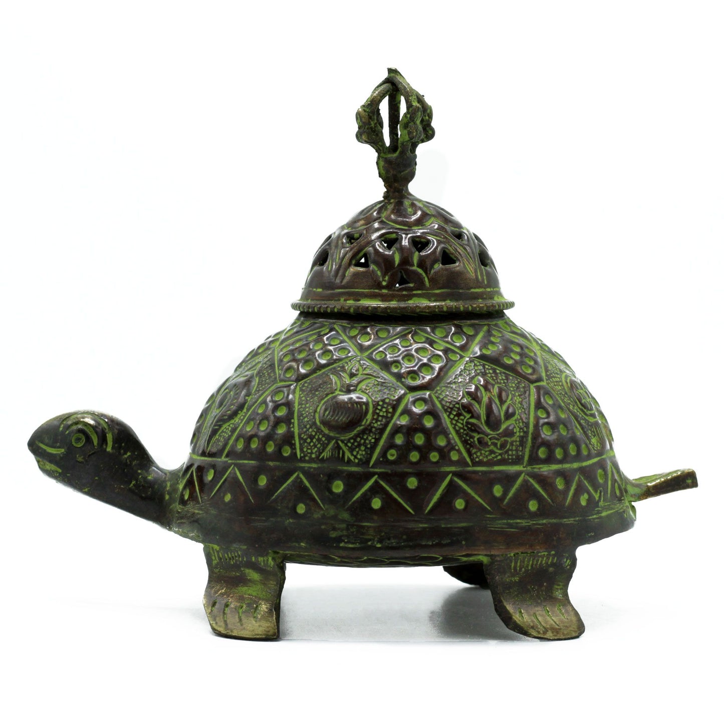 Messing Verdigris Tibetische Schildkröte Räucherstäbchenhalter Groß