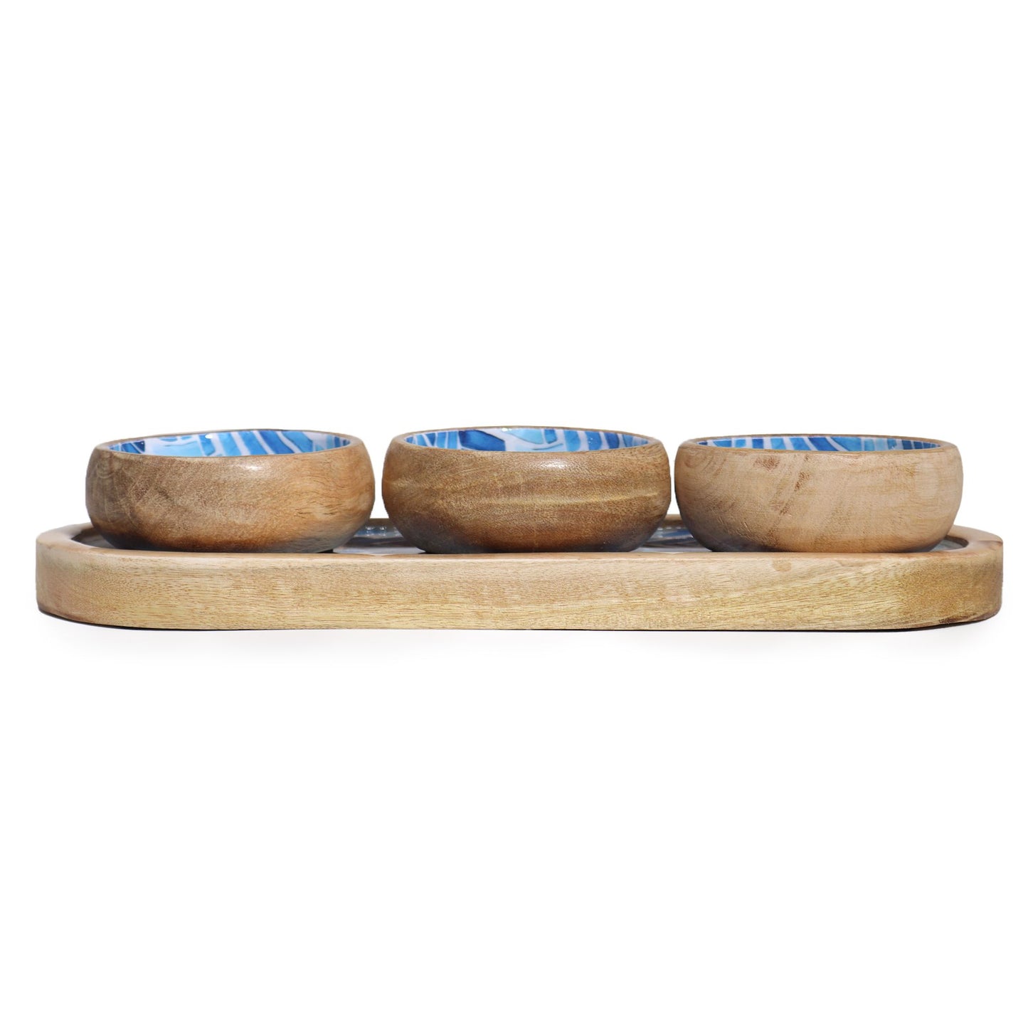 Mangoholz Tablett Mit 3 Schalen - Blaue Streifen