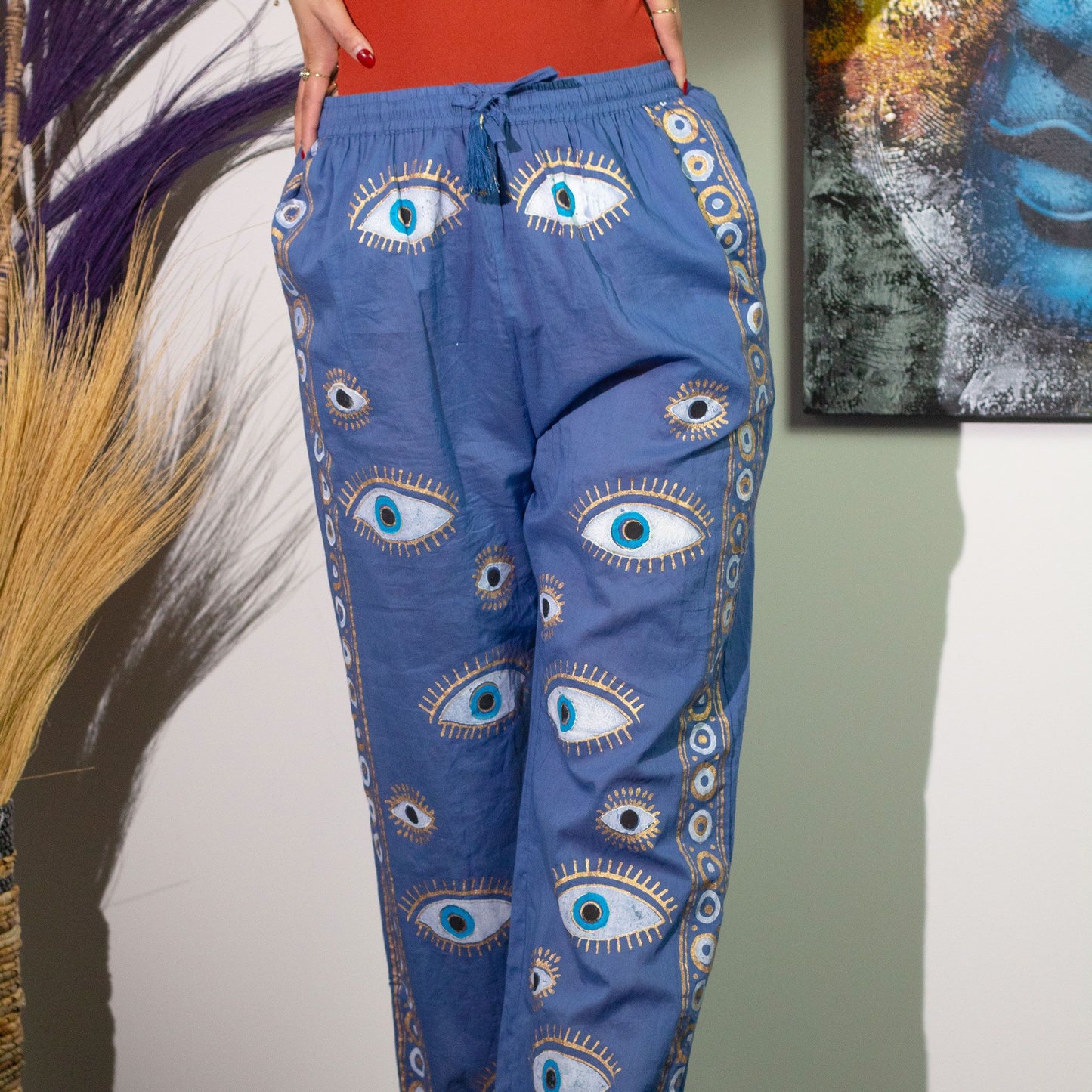LXL Nomad Sari On The Med Kollektion Loungehosen Reich Blau Und Gold Handgemaltes Böse Auge Design