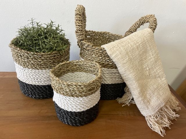Seagrass Korb Set Dunkelgrau Weiß Natur