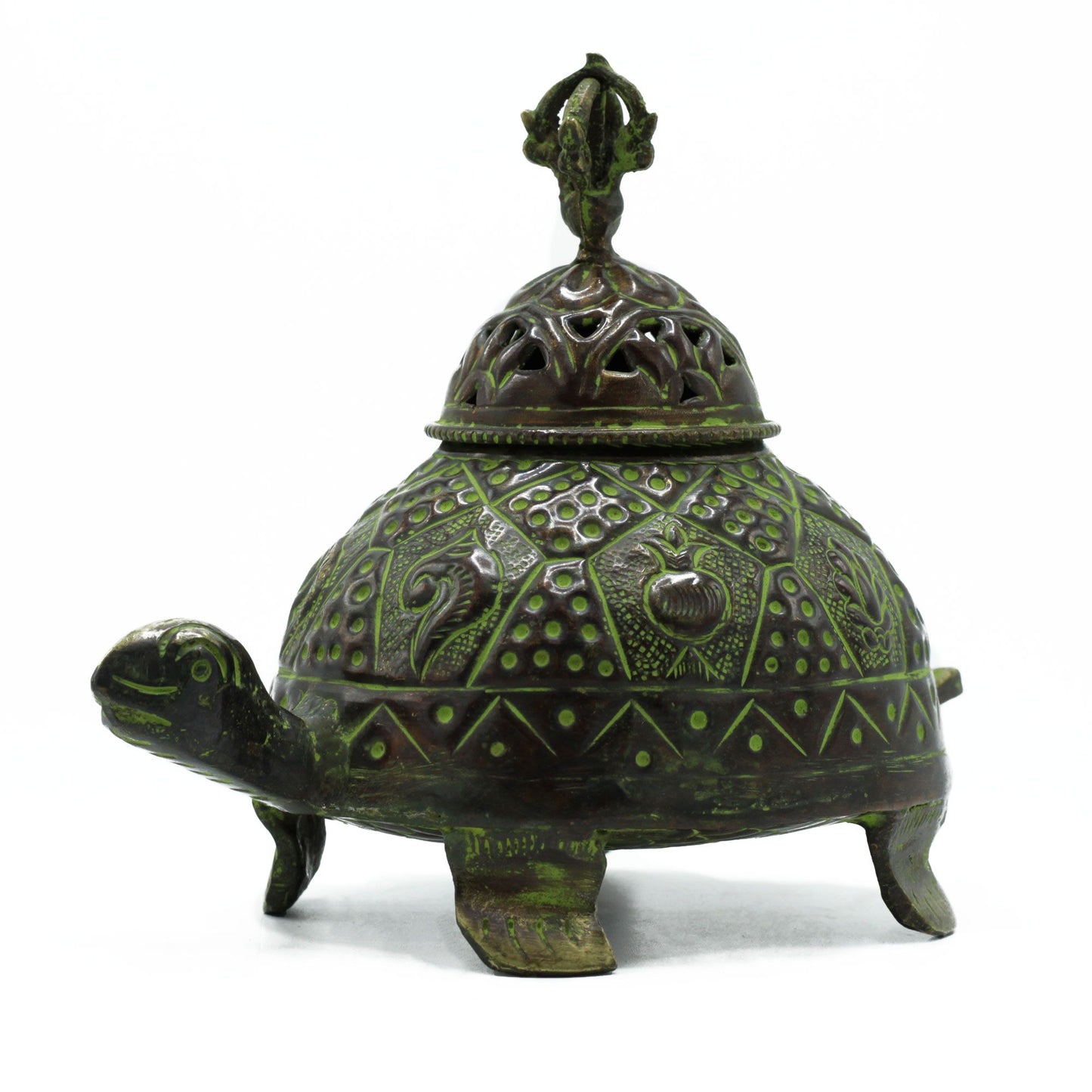Messing Verdigris Tibetische Schildkröte Räucherstäbchenhalter Groß