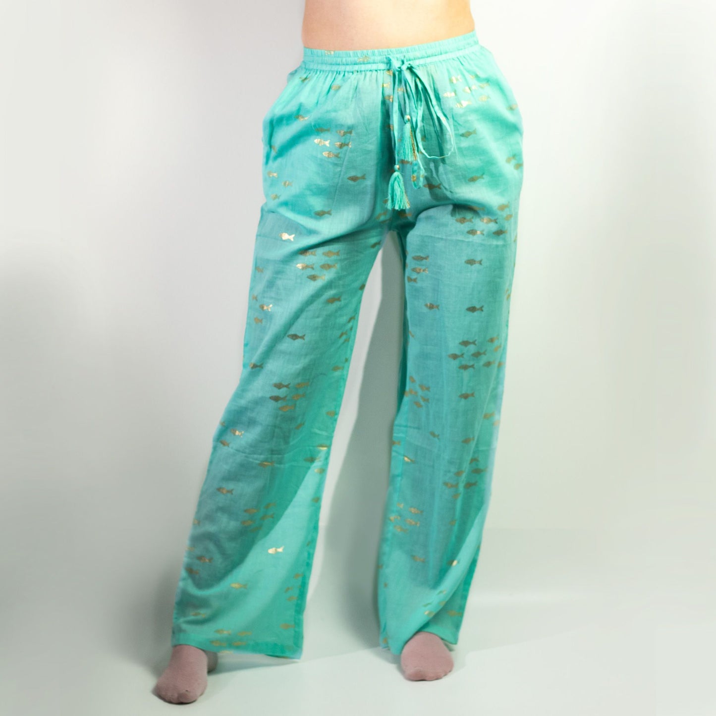 LXL Nomad Sari Med Kollektion Loungehosen Türkis und Gold Fischdesign